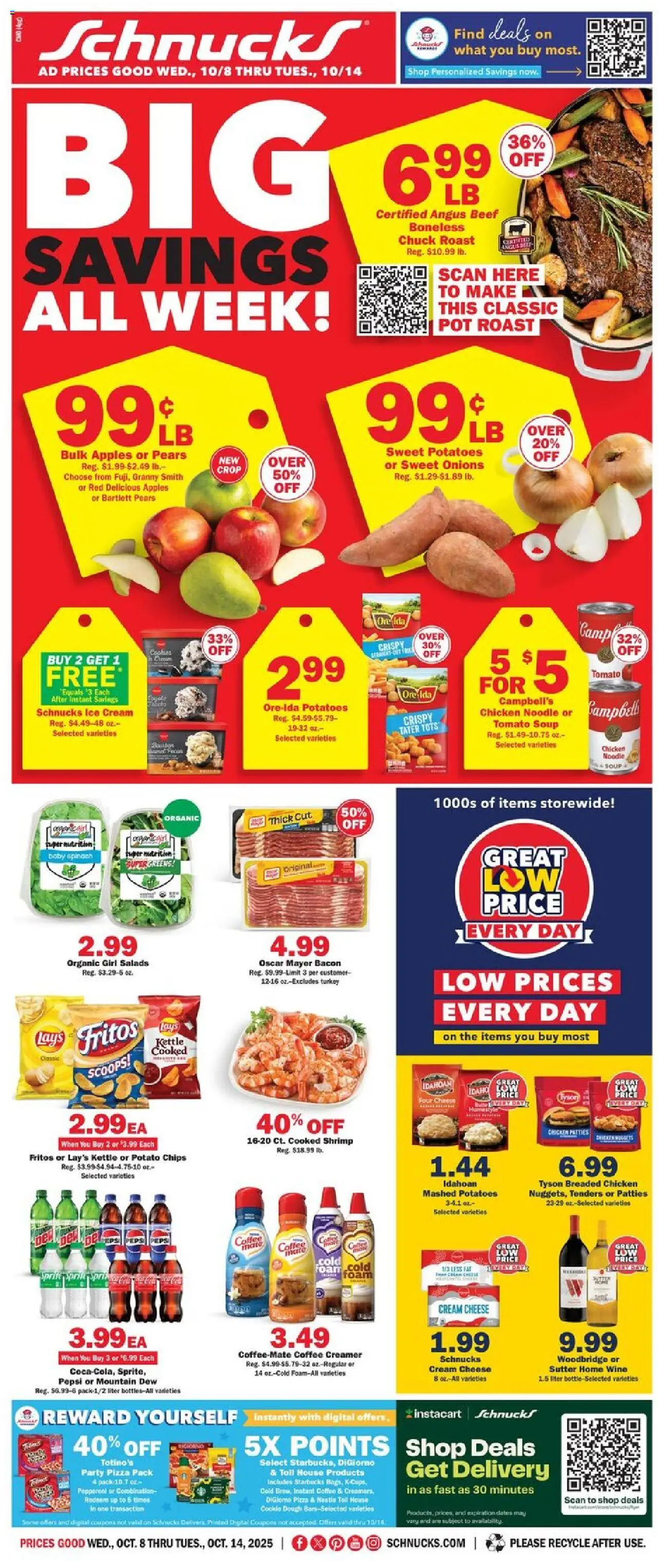 Ad Preview of Schnucks Weekly Ad from 10/08/2025 - Turkey, Ice, Sweet potatoes, Cream cheese, Kettle, Dough, Chicken, Baby spinach
