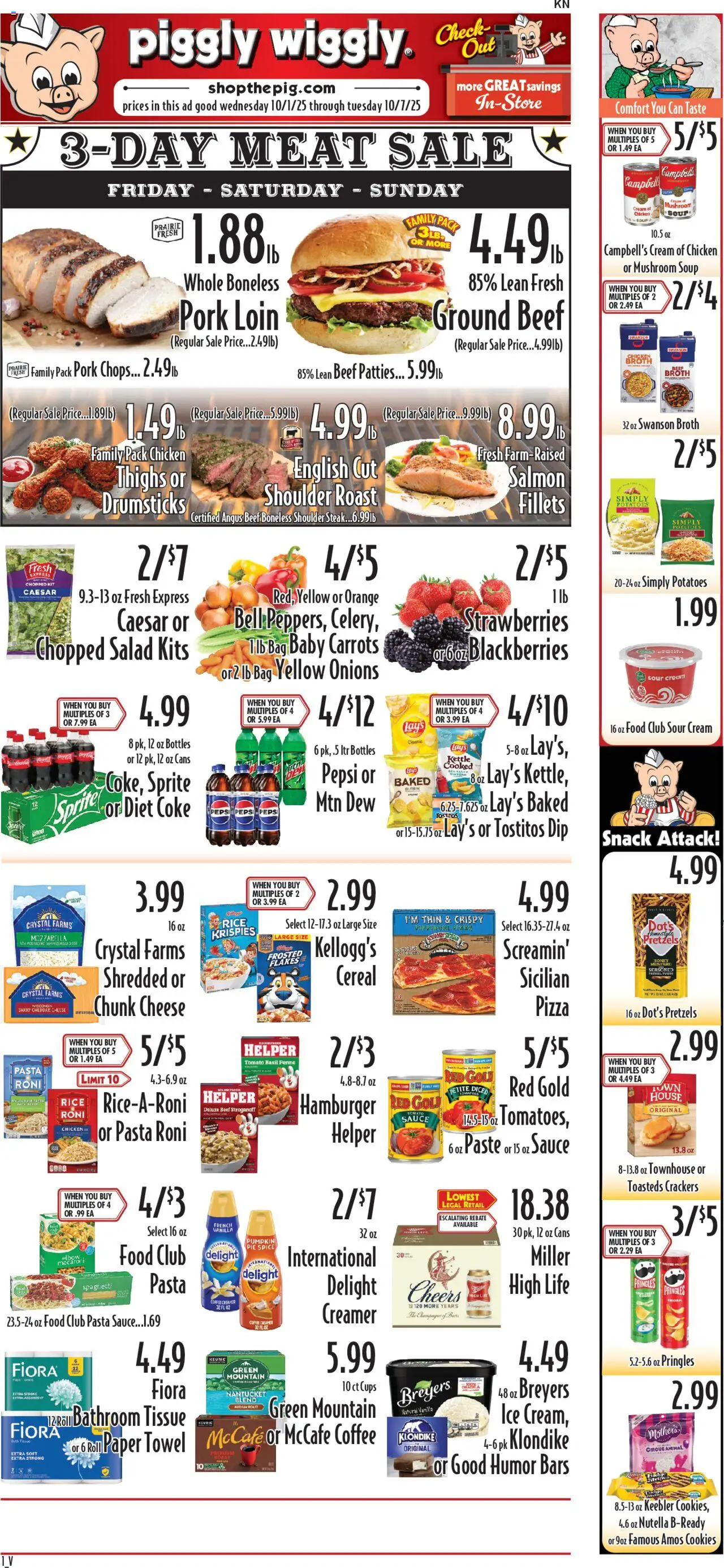Piggly Wiggly Weekly Ad from 10/01/2025 - Flyer - Page number 1 - Cookies, Strawberries, Cereal, Meat, Crackers, Cream, Sauce, Kettle