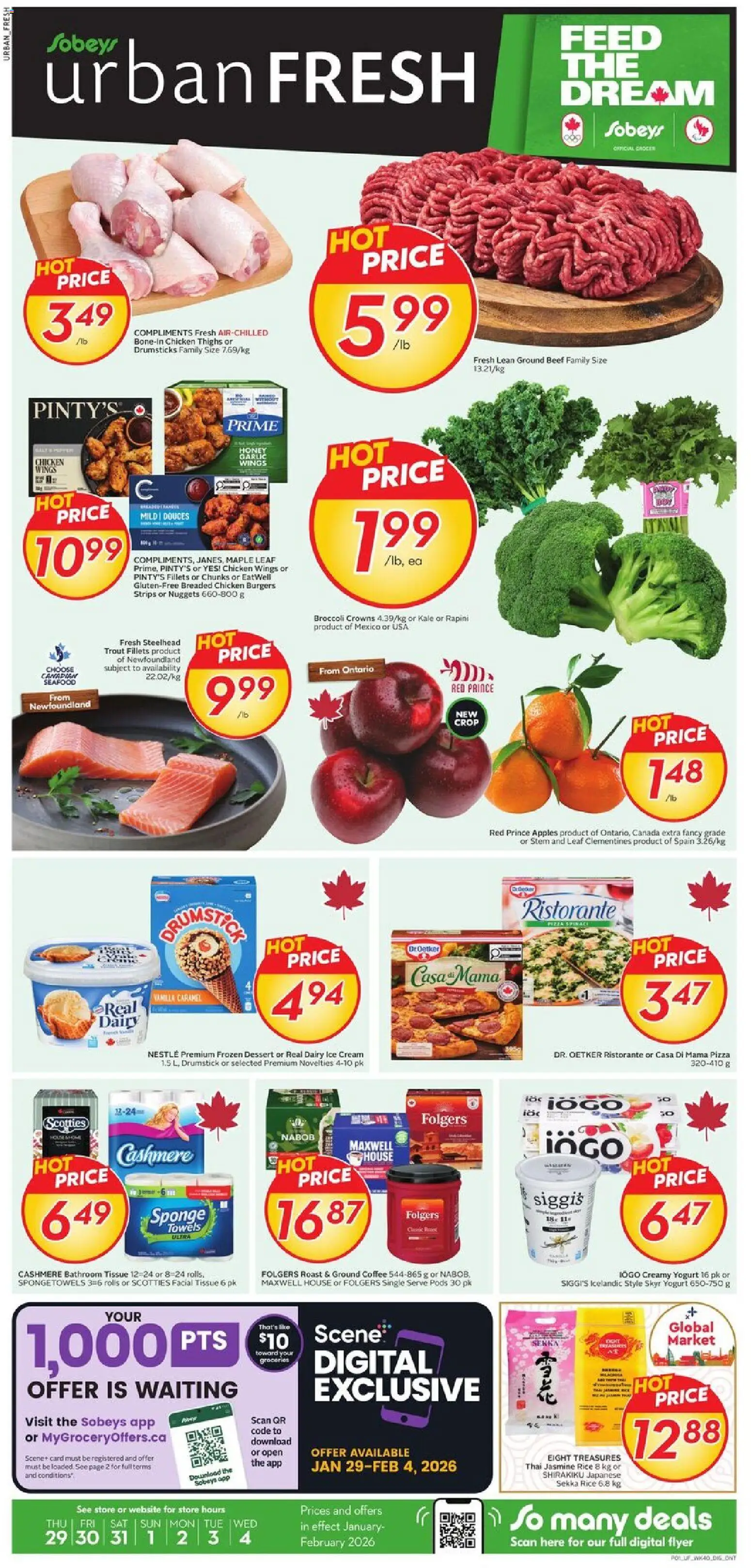 Preview of leaflet Weekly Flyer - Urban Fresh from shop Sobeys is valid from Jan 29, 2026 - Pizza, Dessert, Seafood, Chicken wings, Rice, Trout, Garlic, Ground beef