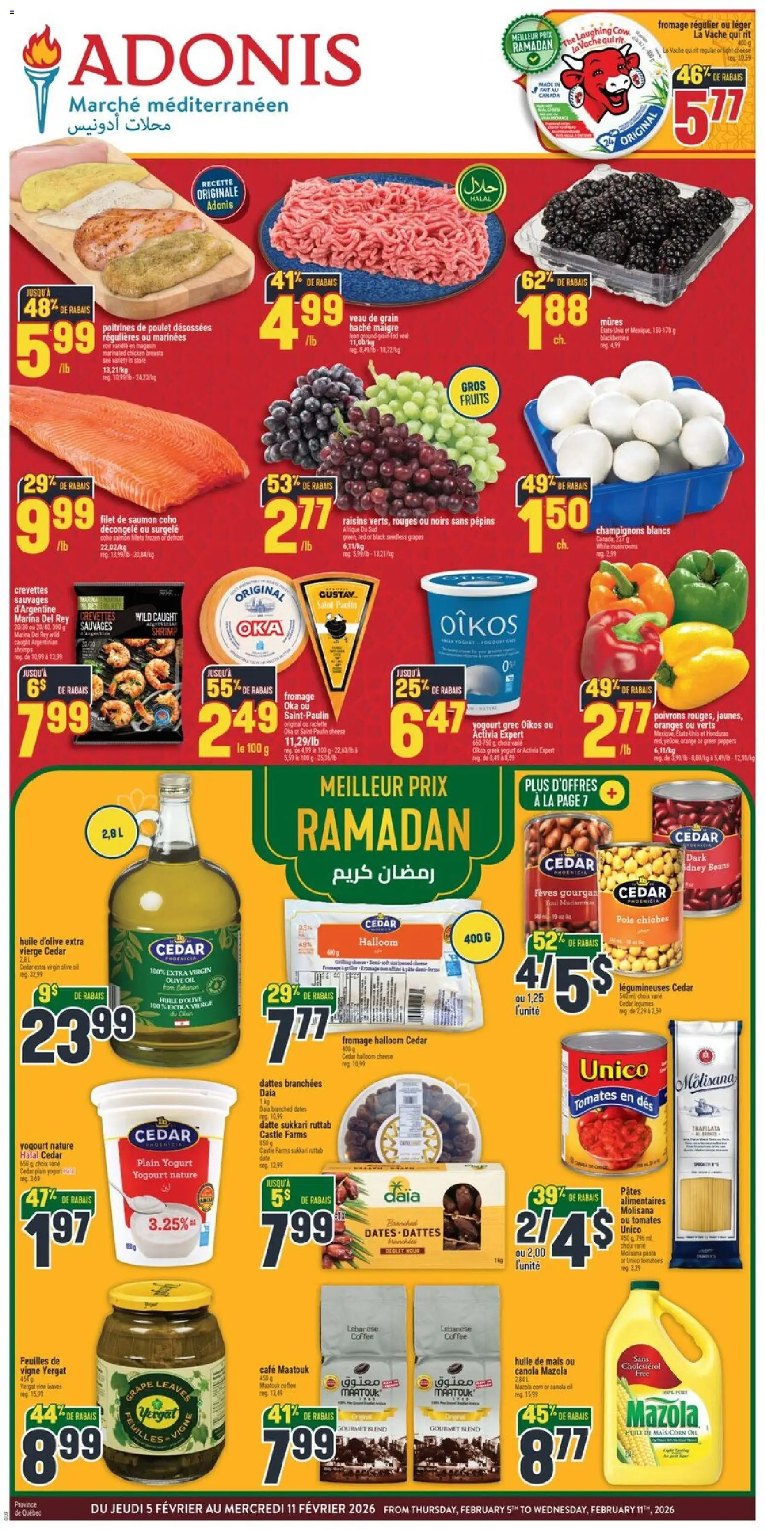 Preview of leaflet Circulaire from shop Adonis is valid from Feb 05, 2026 - Coffee, Pasta, Oranges, Oil, Veal, Greek yogurt, Extra virgin olive oil, Seedless grapes