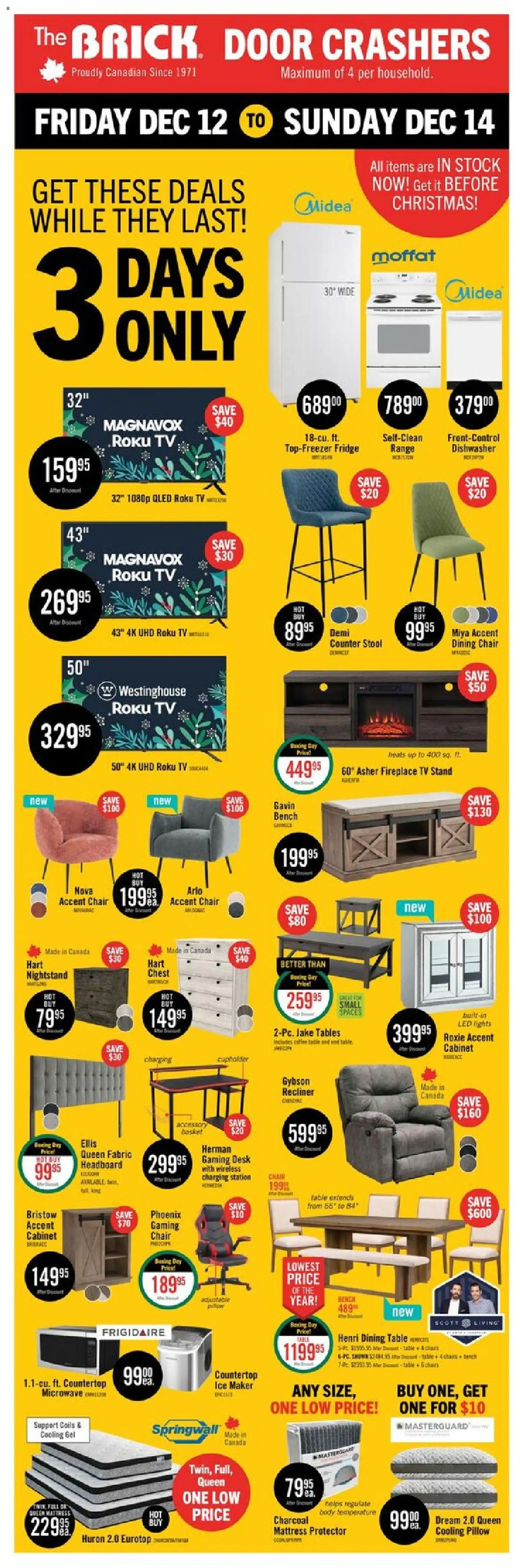 Preview of leaflet Weekly flyer / circulaire from shop The Brick is valid from Dec 12, 2025 - Tv, Ice, Dishwasher, Dining chair, Nightstand, Chairs, Pillow, Table