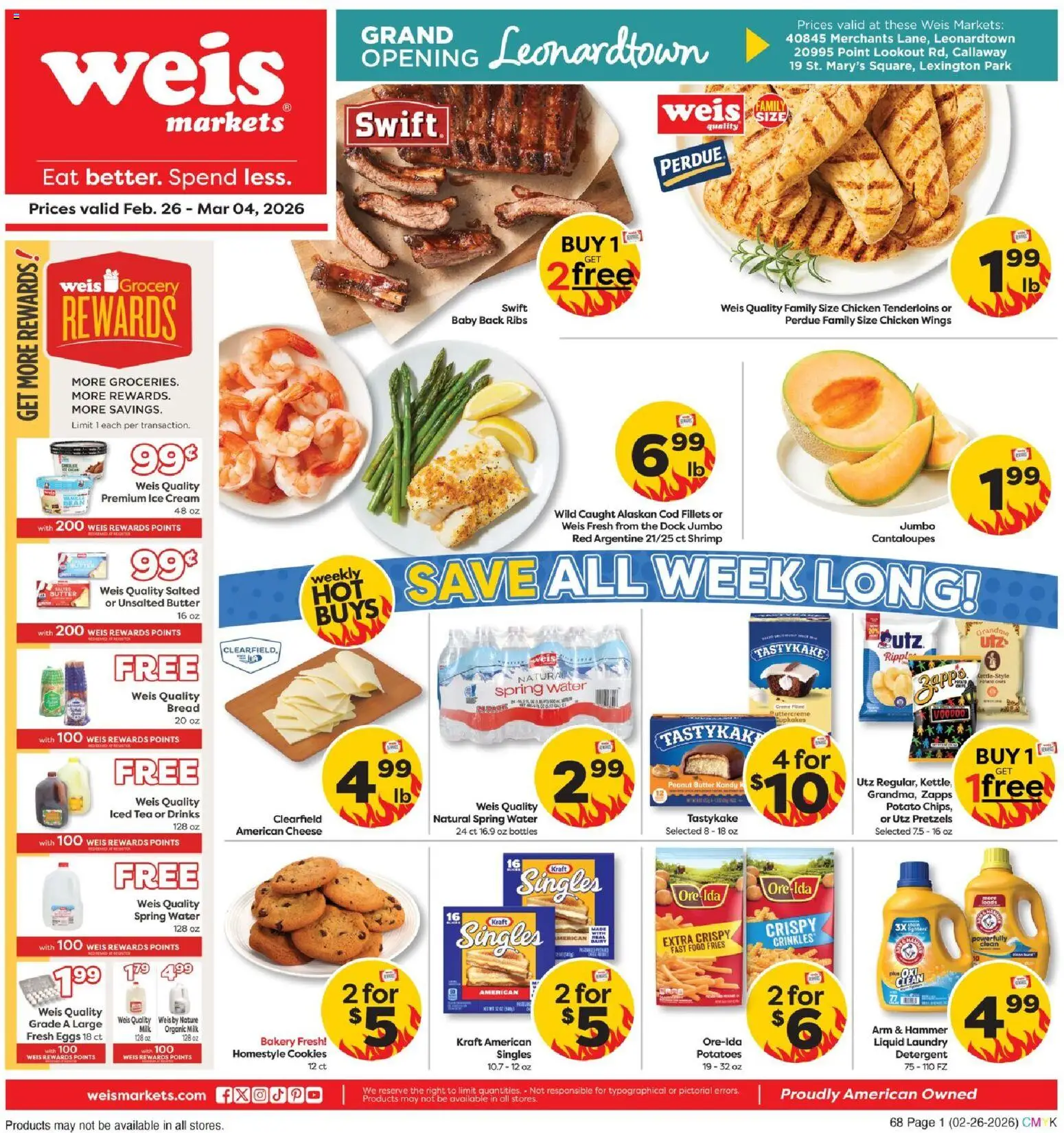 Ad Preview of Weis Grand Opening Leonardtown from 02/26/2026 - Ice, Tea, Bread, Shrimp, Chicken wings, Cantaloupes, Detergent, Chicken
