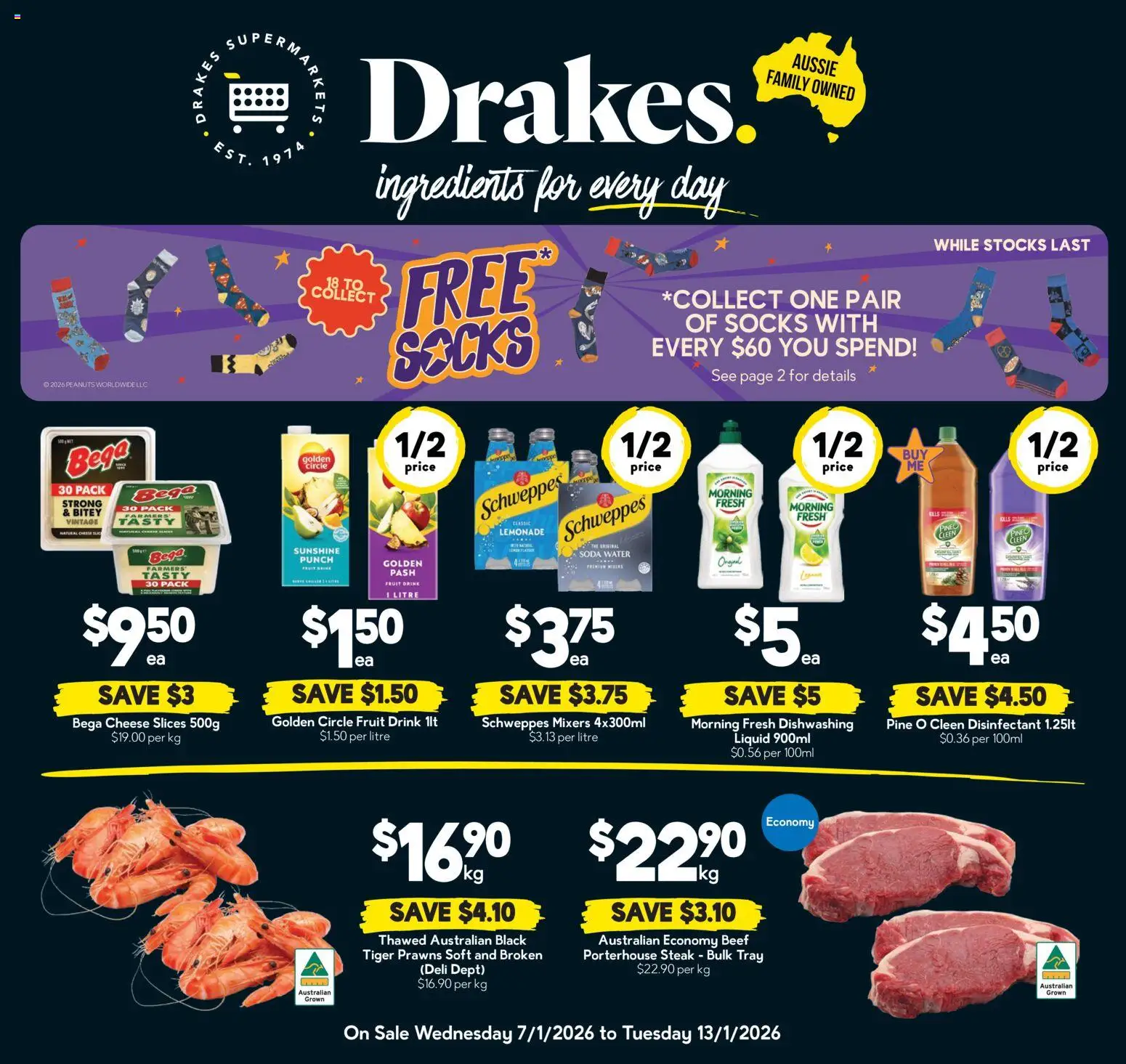 Preview of catalogue Catalogue SA from shop Drakes valid 07/01/2026 - Cheese, Beef, Peanuts, Prawns, Water, Steak, Socks, Lemonade