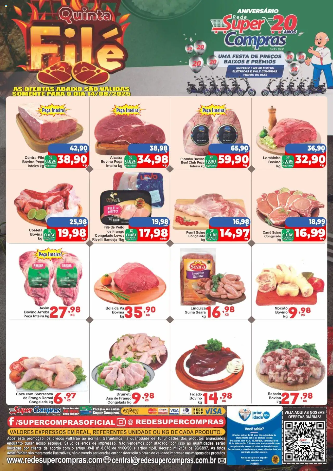 Rede Super Compras folheto "Ofertas do Dia" válido a partir de 14/08/2025 - número de página 1 - Picanha, Frango, Alcatra, Pernil, Bandeja, Asa de frango, Pernil suíno, Acém