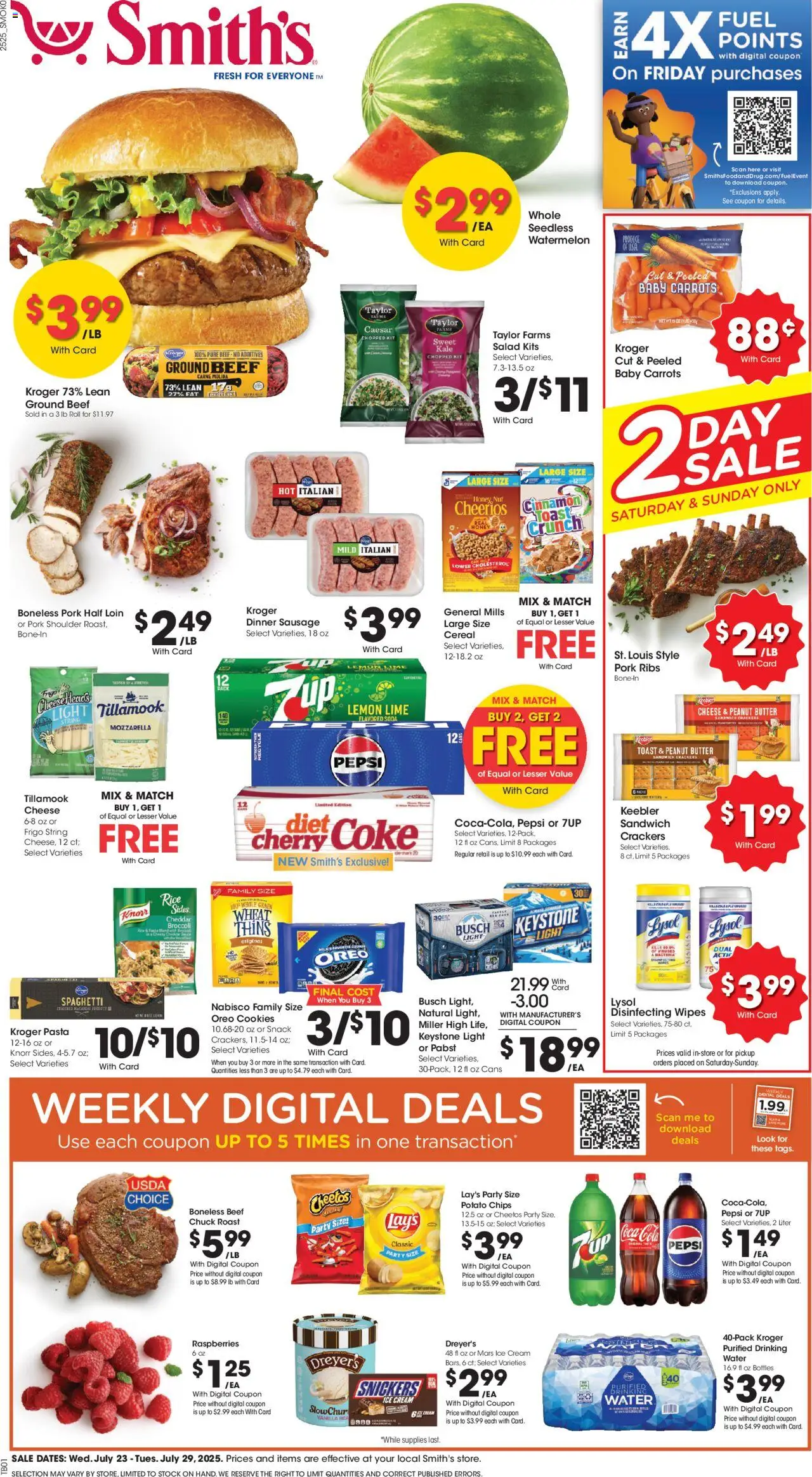 Smith's Weekly Ad - WY from 07/23/2025 - Flyer - Page number 1 - Broccoli, Butter, Pork, Pasta, Ice cream, Disinfecting wipes, Carrots, Vanilla