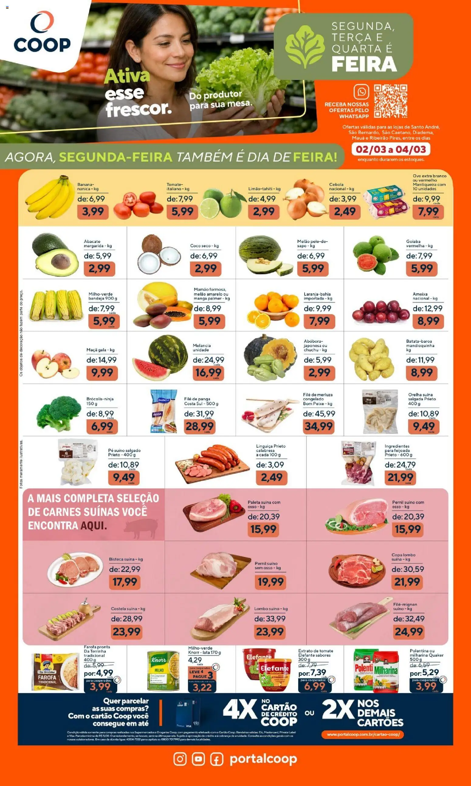 Pré-Visualização do folheto "Coop ofertas Segunda, Terça e Quarta é Feira" da loja Coop válido a partir de 02/03/2026 - Tomate, Farofa, Cebola, Pernil, Mandioquinha, Mamão, Pernil suíno, Melão amarelo