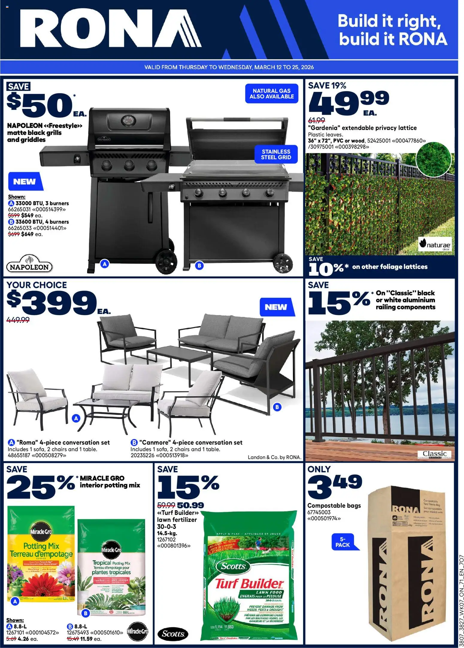 Preview of leaflet Rona weekly flyer from shop Rona is valid from Mar 12, 2026 - Food, Bag, Chairs, Fertilizer