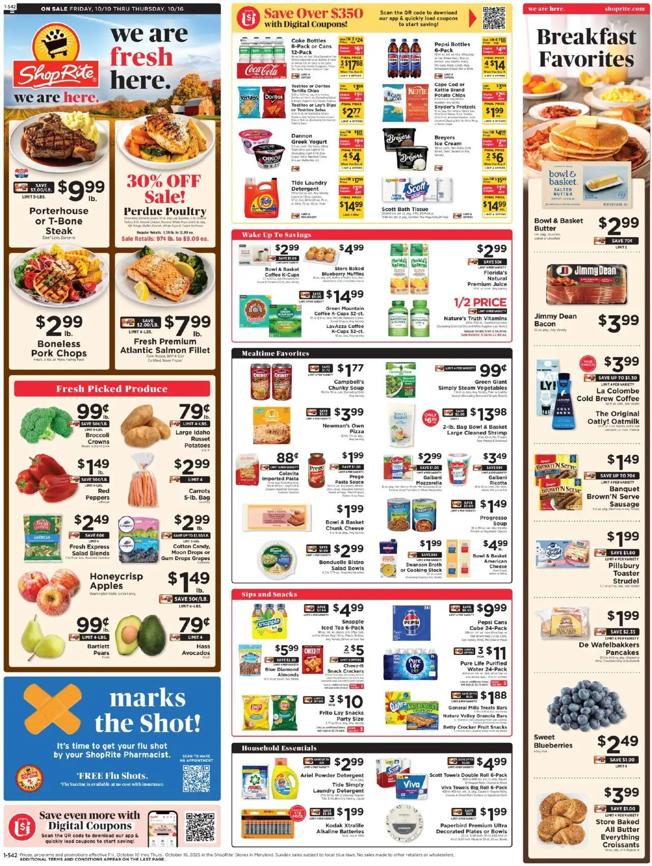 Ad Preview of ShopRite Weekly Ad from 10/10/2025 - Pasta, Pumpkin, Blueberries, Butter, Pepsi, Carrots, Pears, Kettle