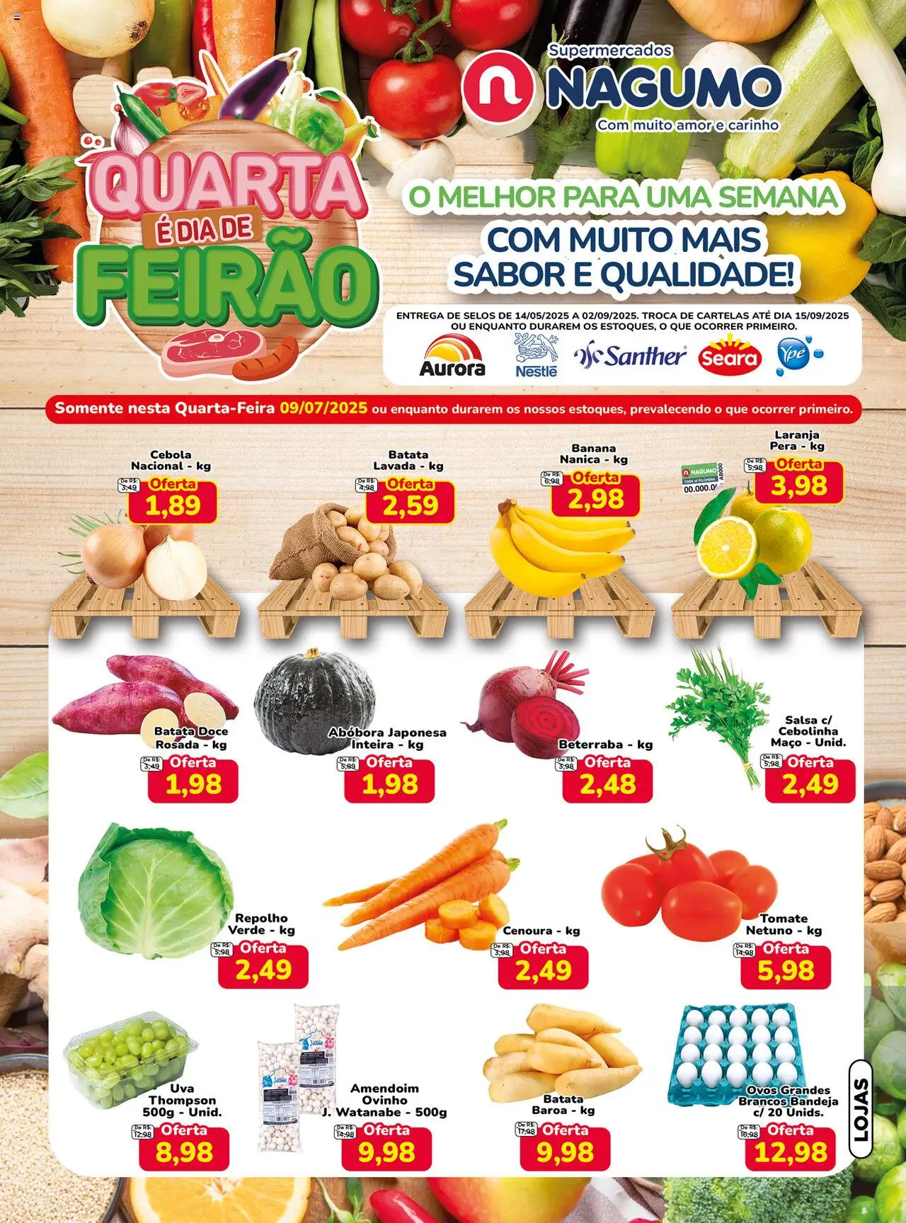 Nagumo folheto "Ofertas Quarta do Feirão" válido a partir de 09/07/2025 - número de página 1 - Pera, Beterraba, Tomate, Cebola, Salsa, Cenoura, Bandeja, Batata