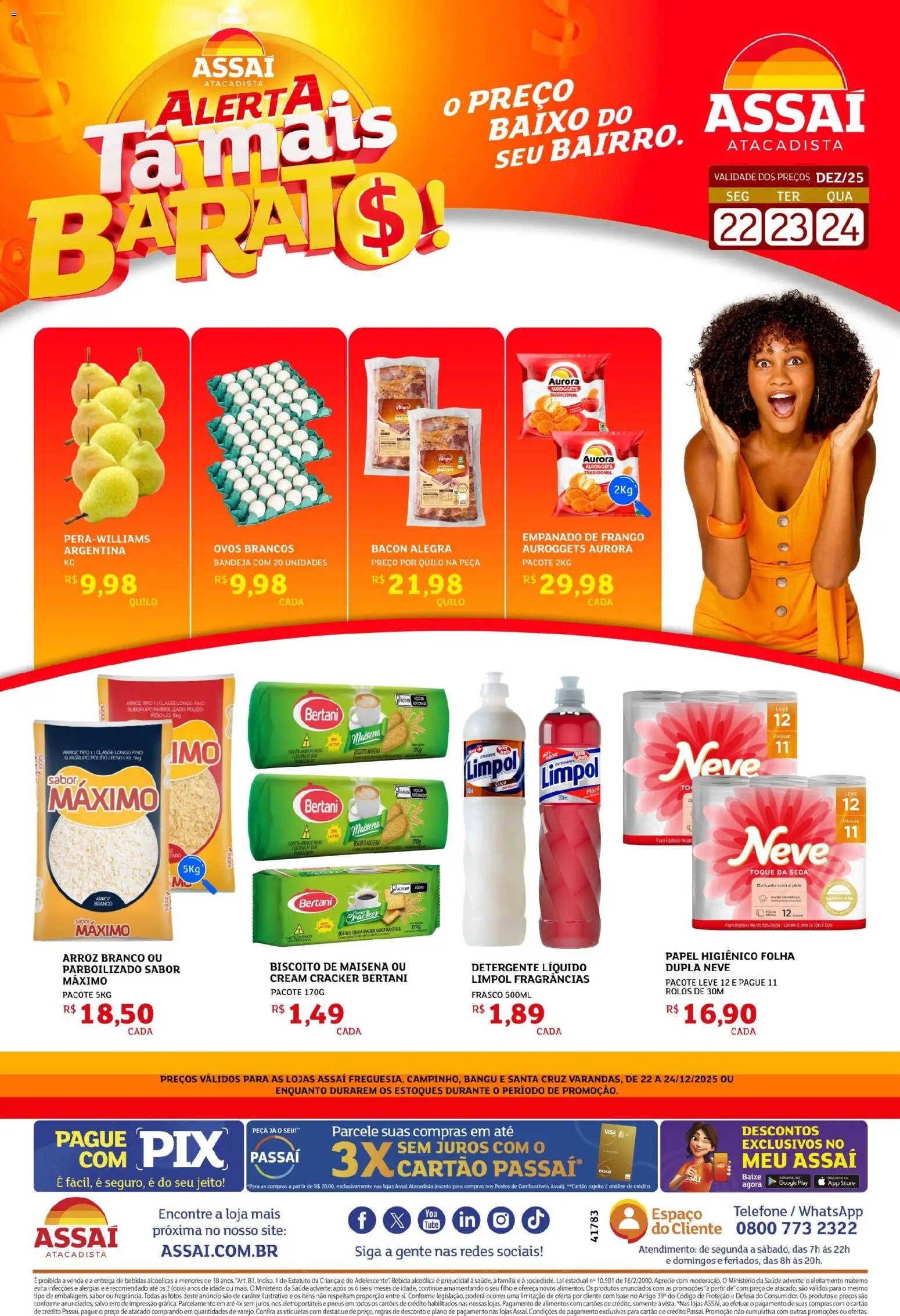 Pré-Visualização do folheto "Encarte - RJ" da loja Assaí Atacadista válido a partir de 22/12/2025 - Telefone, Bebidas, Arroz, Base, Frango, Baixo, Bandeja, Cream cracker