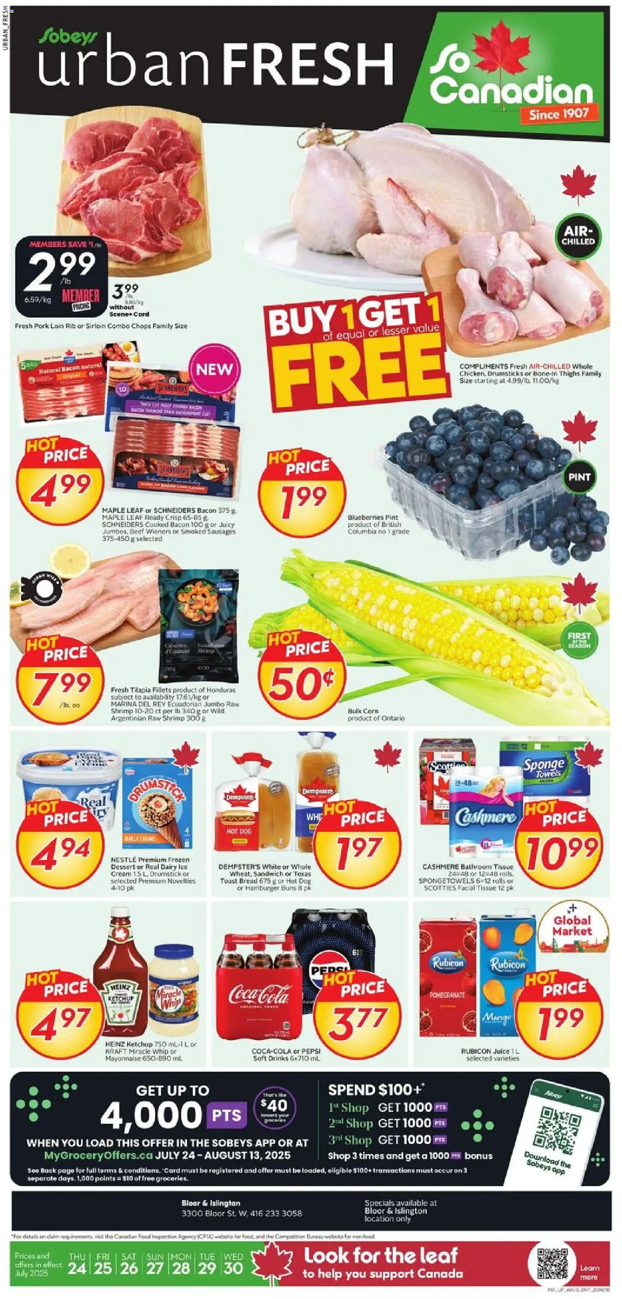 Sobeys flyer valid from Jul 24, 2025 - page number 1 - Ketchup, Drumsticks, Toast bread, Shrimp, Dessert, Towels, Bread, Pork loin