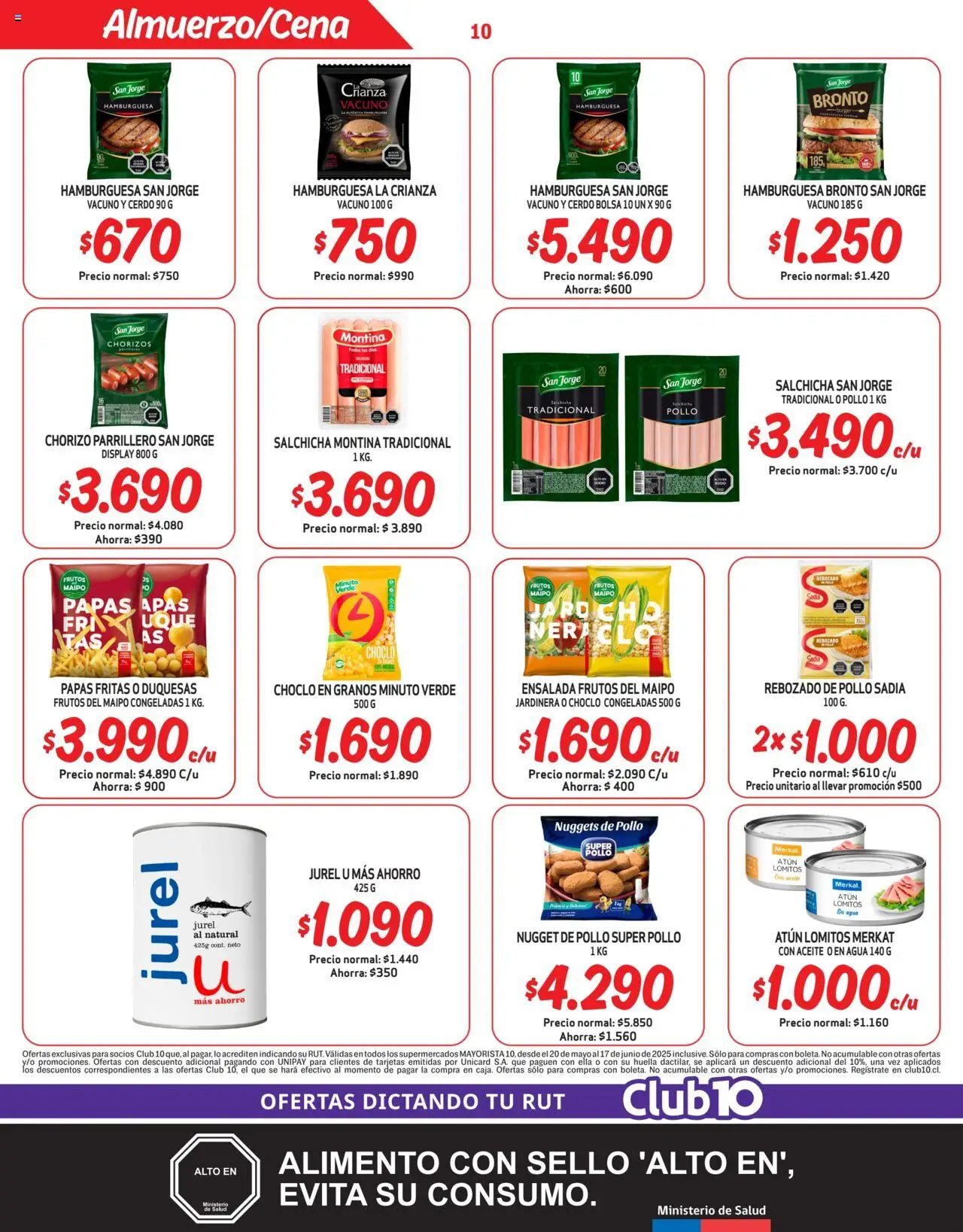 Mayorista 10 Catálogo > válido desde 20.05.2025 > número de página 10 - Atún, Agua, Chorizo, Pollo, Choclo, Cerdo, Papas fritas, Ensalada
