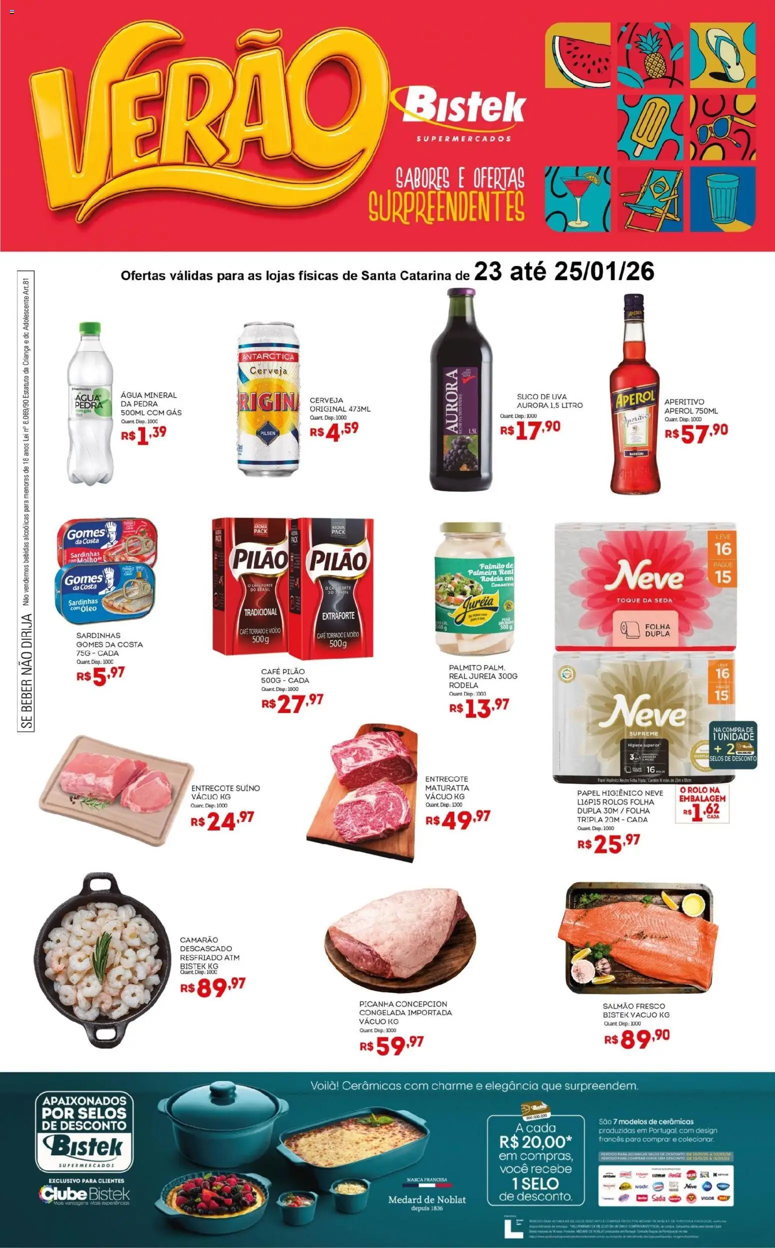 Pré-Visualização do folheto "Ofertas de Verão " da loja Bistek Supermercados válido a partir de 23/01/2026 - Água, Camarão, Óleo, Papel higiênico, Salmão, Sardinhas, Água mineral, Rolo