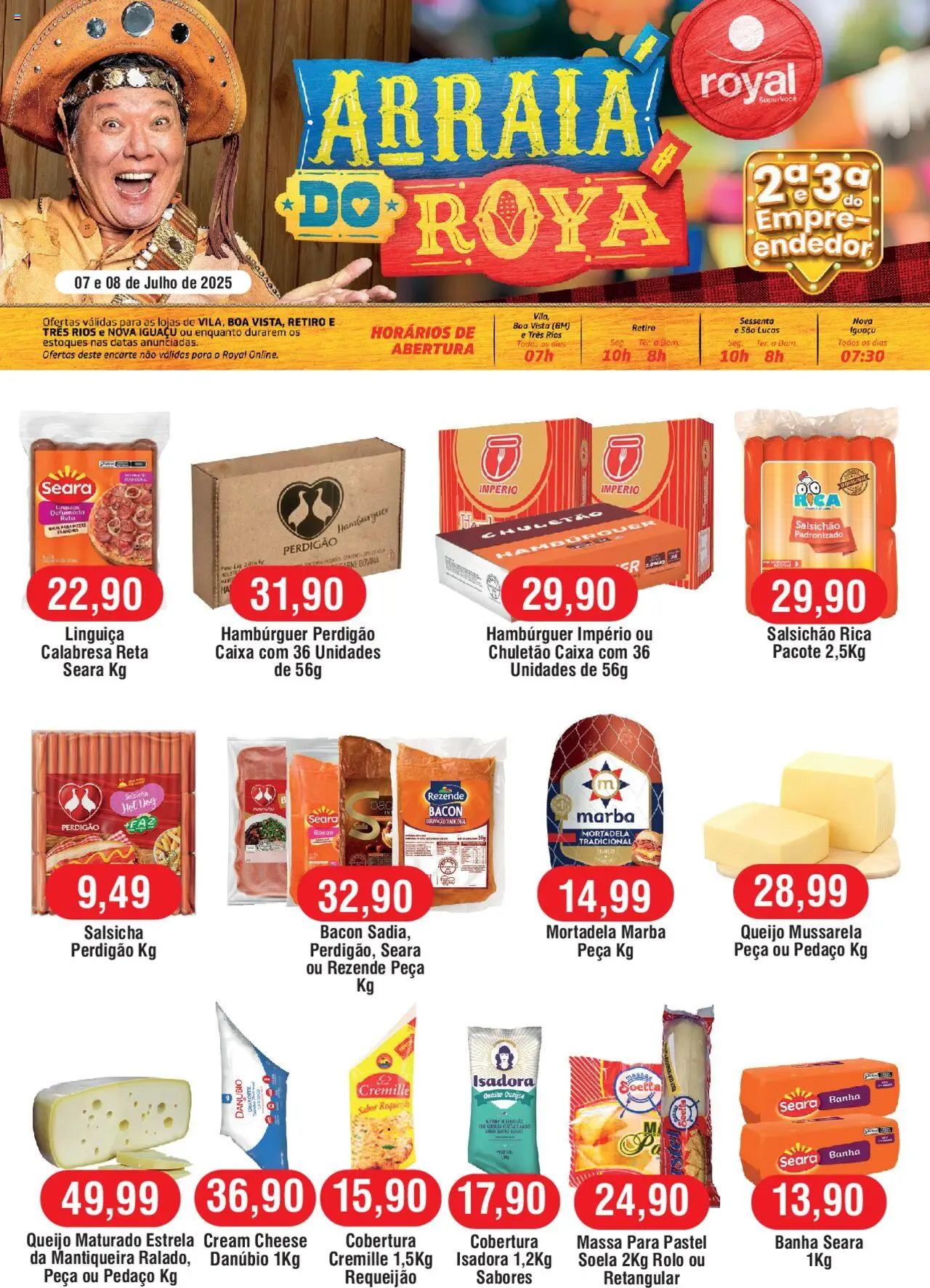Royal Supermercados folheto "Ofertas da semana" válido a partir de 07/07/2025 - número de página 1 - Rolo, Salsicha, Caixa, Mortadela, Cream cheese, Massa, Chuletão, Bacon