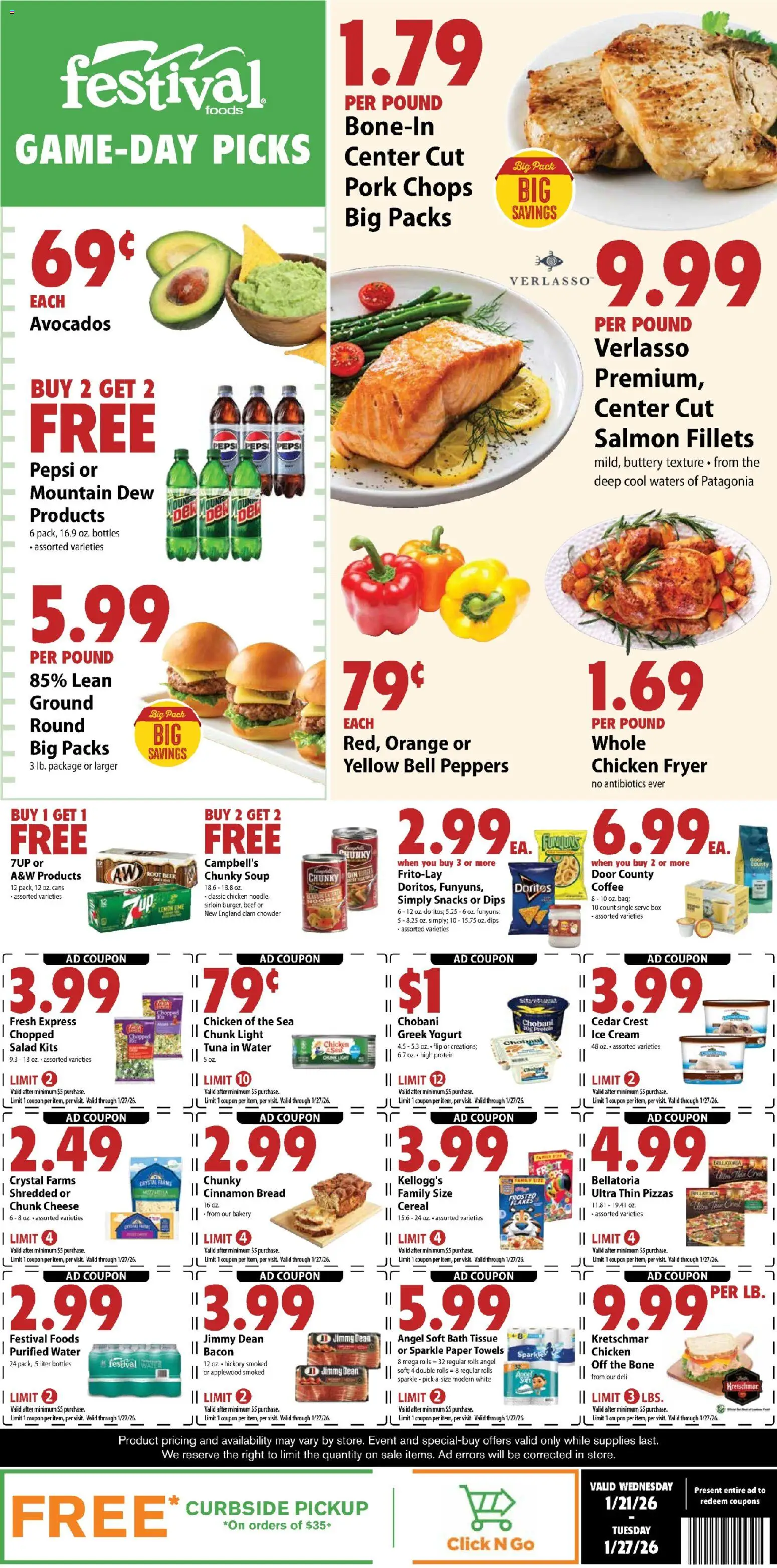 Ad Preview of Festival Foods Weekly Ad from 01/21/2026 - Water, Ice, Box, Cereal, Lemon, Peppers, Bath, Pork