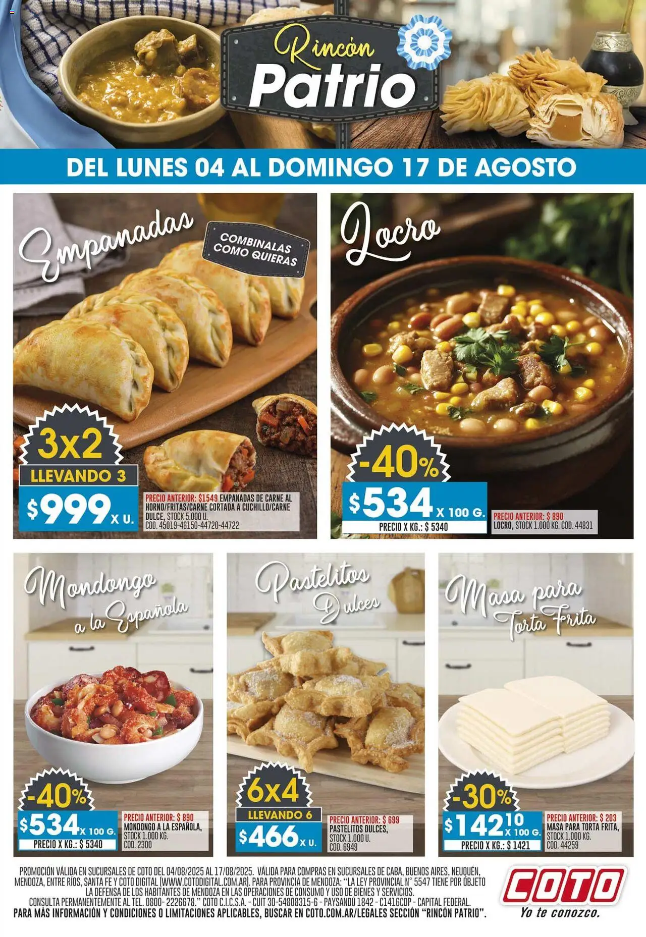 Coto Rincón Patrio del 04/08/2025 >> Catálogo - Té, Torta, Mondongo, Carne, Masa, Dulces