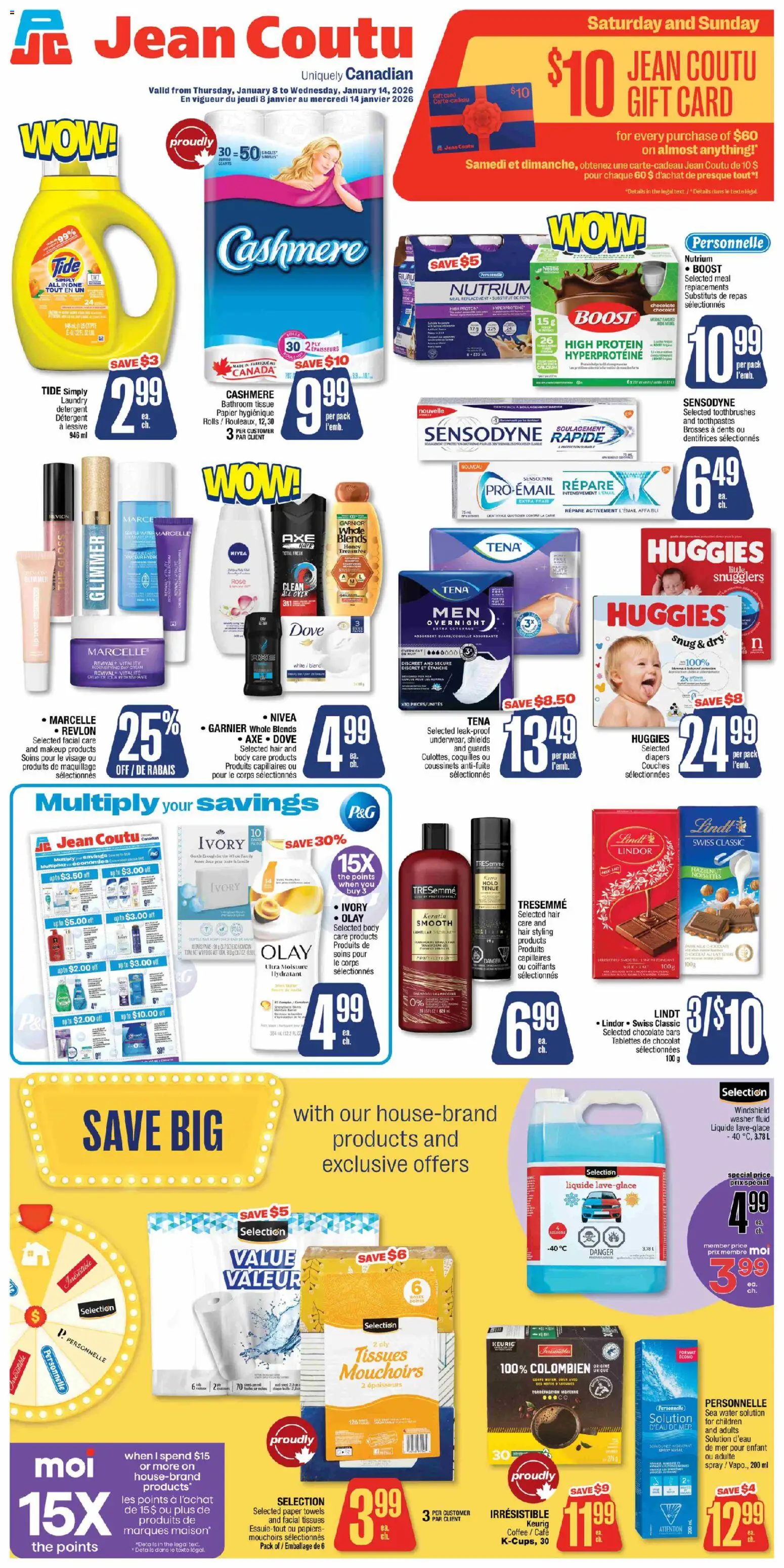 Preview of leaflet Weekly Flyer from shop Jean Coutu is valid from Jan 08, 2026 - Coffee, Shoes, Water, Milk, Hair styling, Towels, Tissues, Detergent