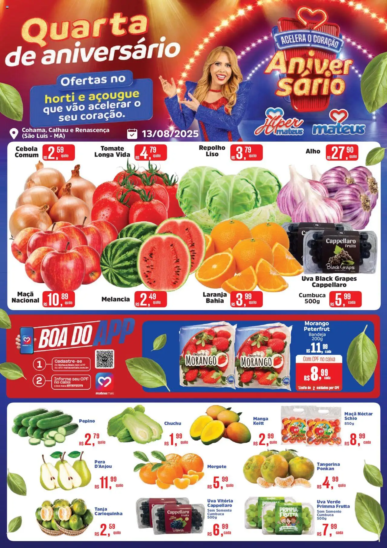 Mateus folheto "Ofertas Quarta de Aniversário" válido a partir de 13/08/2025 - número de página 1 - Caixa, Manga, Melancia, Chuchu, Pera, Cebola, Bandeja, Pera d'anjou