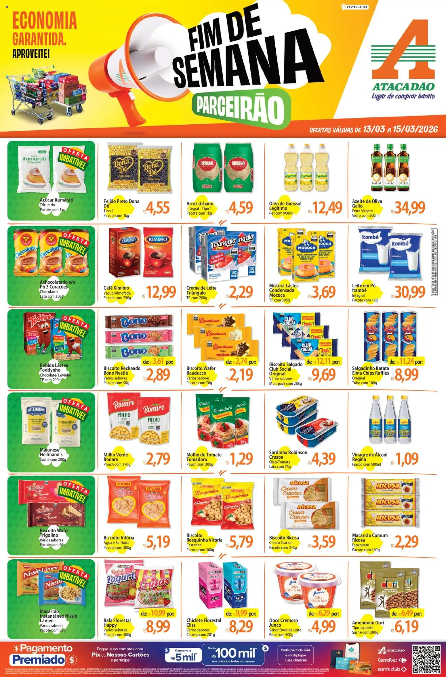 Pré-Visualização do folheto "Atacadão ofertas - PA" da loja Atacadão válido a partir de 13/03/2026 - Doce de leite, Óleo, Bebida, Álcool, Creme de leite, Azeite de oliva, Sardinha, Espaguete