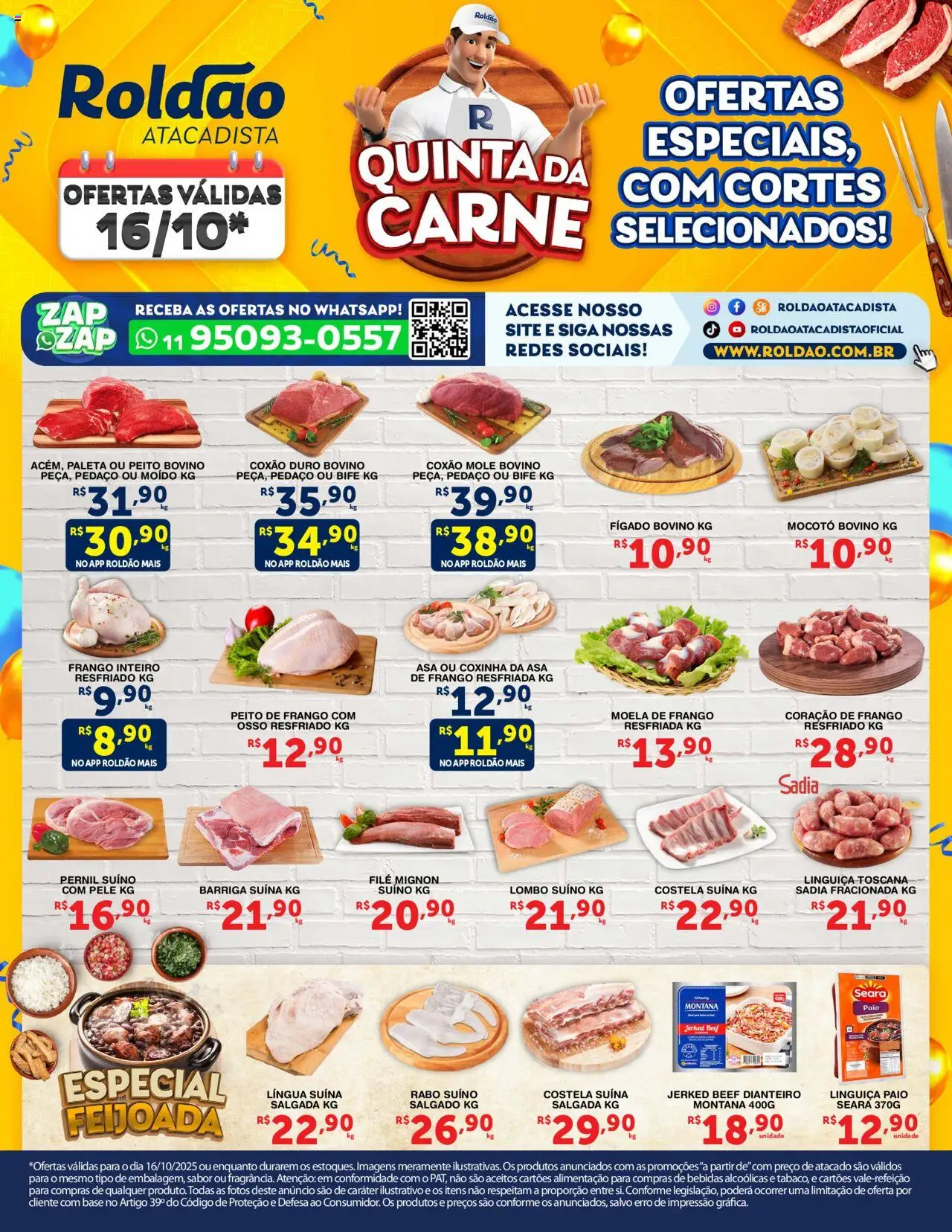 Roldão folheto "Ofertas Quinta da Carne" válido a partir de 16/10/2025 - número de página 1 - Carne, Fígado, Filé mignon, Moela, Pernil suíno, Coração de frango, Barriga suína, Coxão mole