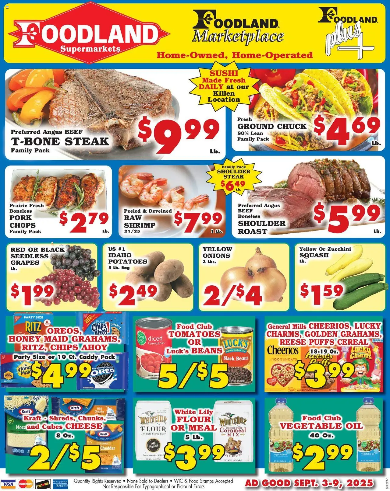 Foodland Weekly Ad - Supermarkets from 09/03/2025 - Flyer - Page number 1 - Honey, Cheese, Potatoes, Tomatoes, Squash, Grapes, Beef, Bag