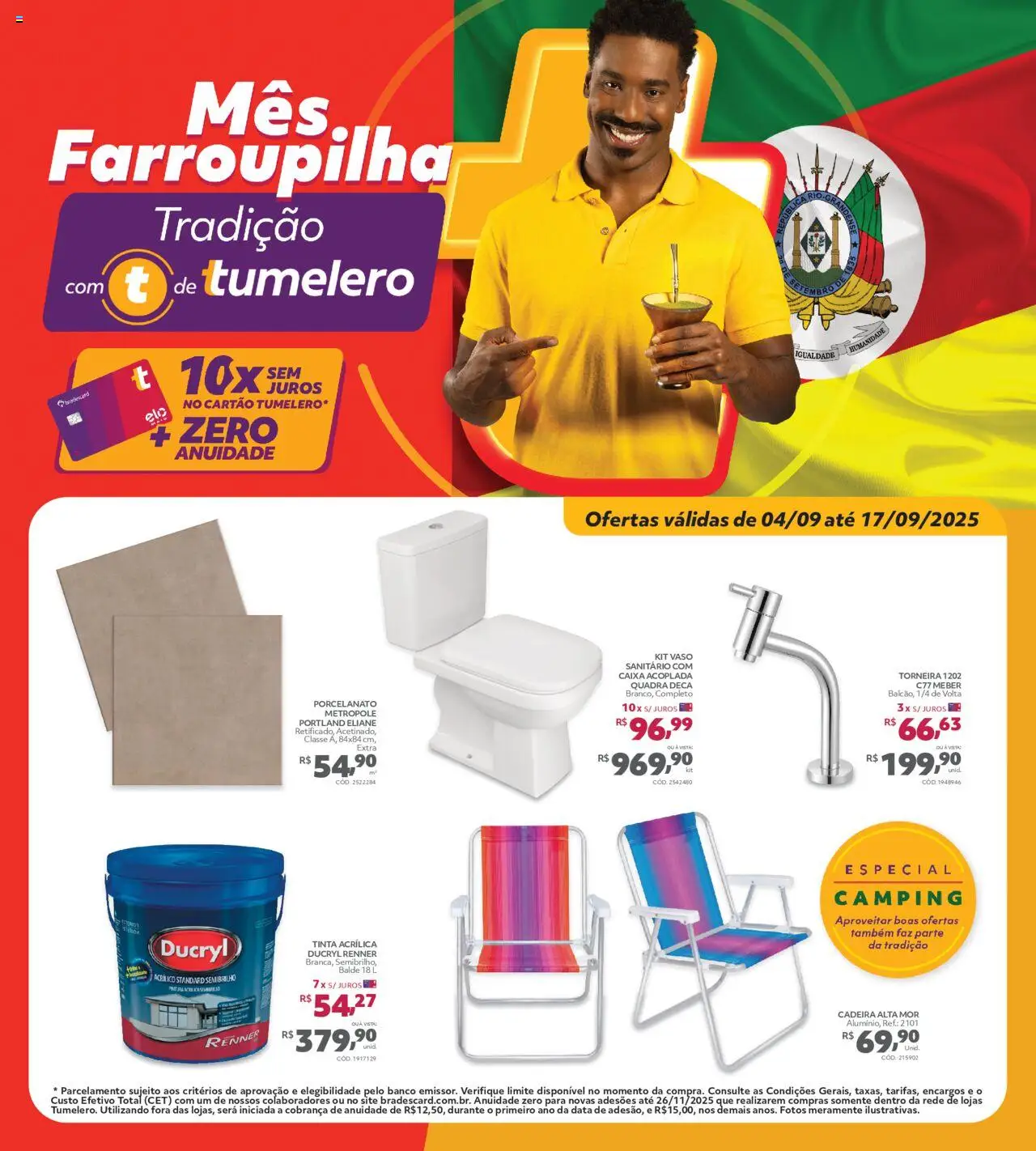 Telhanorte folheto "Ofertas Mes Farroupilha" válido a partir de 04/09/2025 - número de página 1 - Banco, Caixa, Cadeira, Porcelanato, Tinta, Torneira, Vaso sanitário, Balde