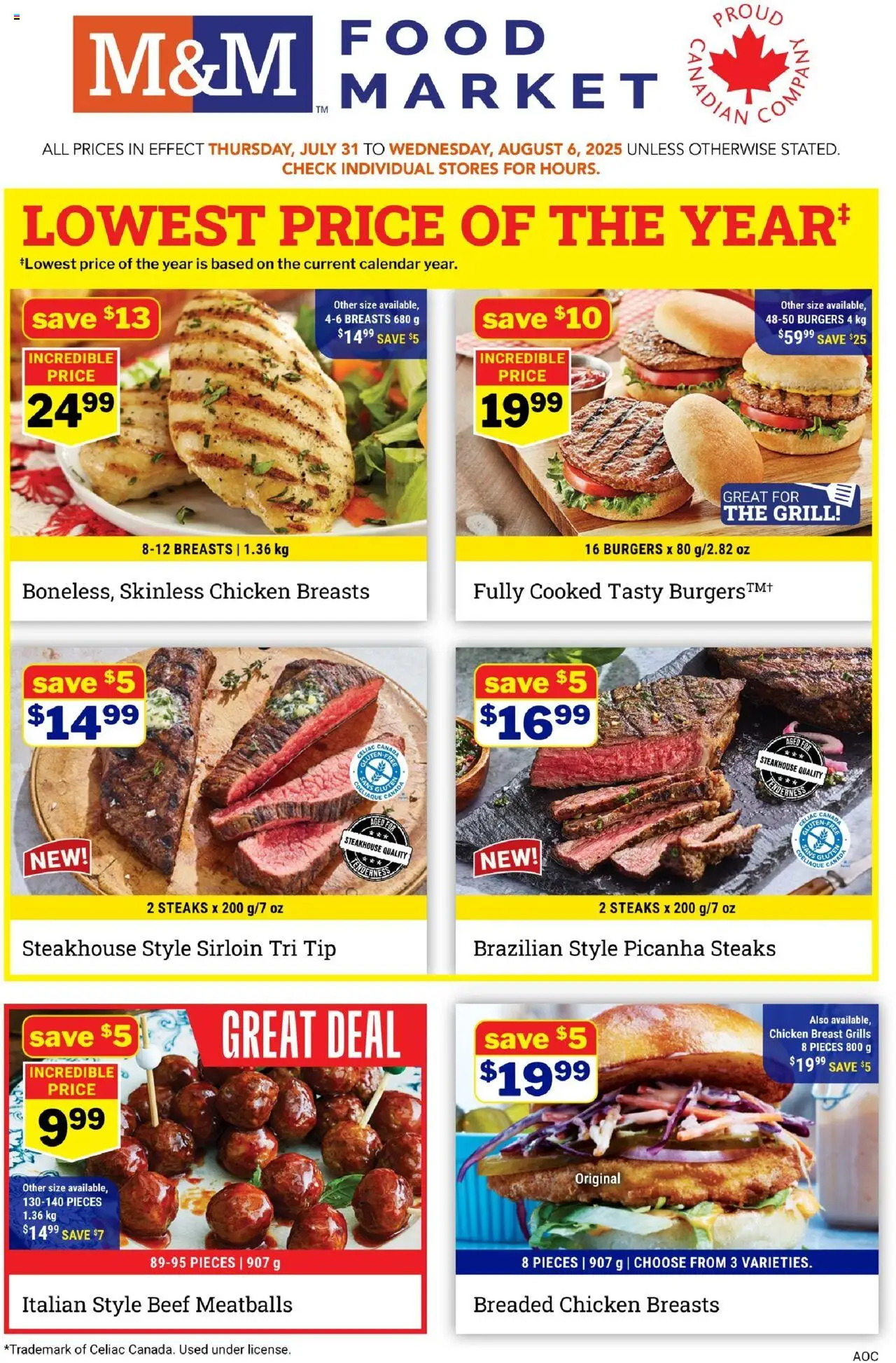 M&M Food Market flyer valid from Jul 31, 2025 - page number 1 - Food, Burgers, Chicken, Beef, Grill, Chicken breasts, Chicken breast