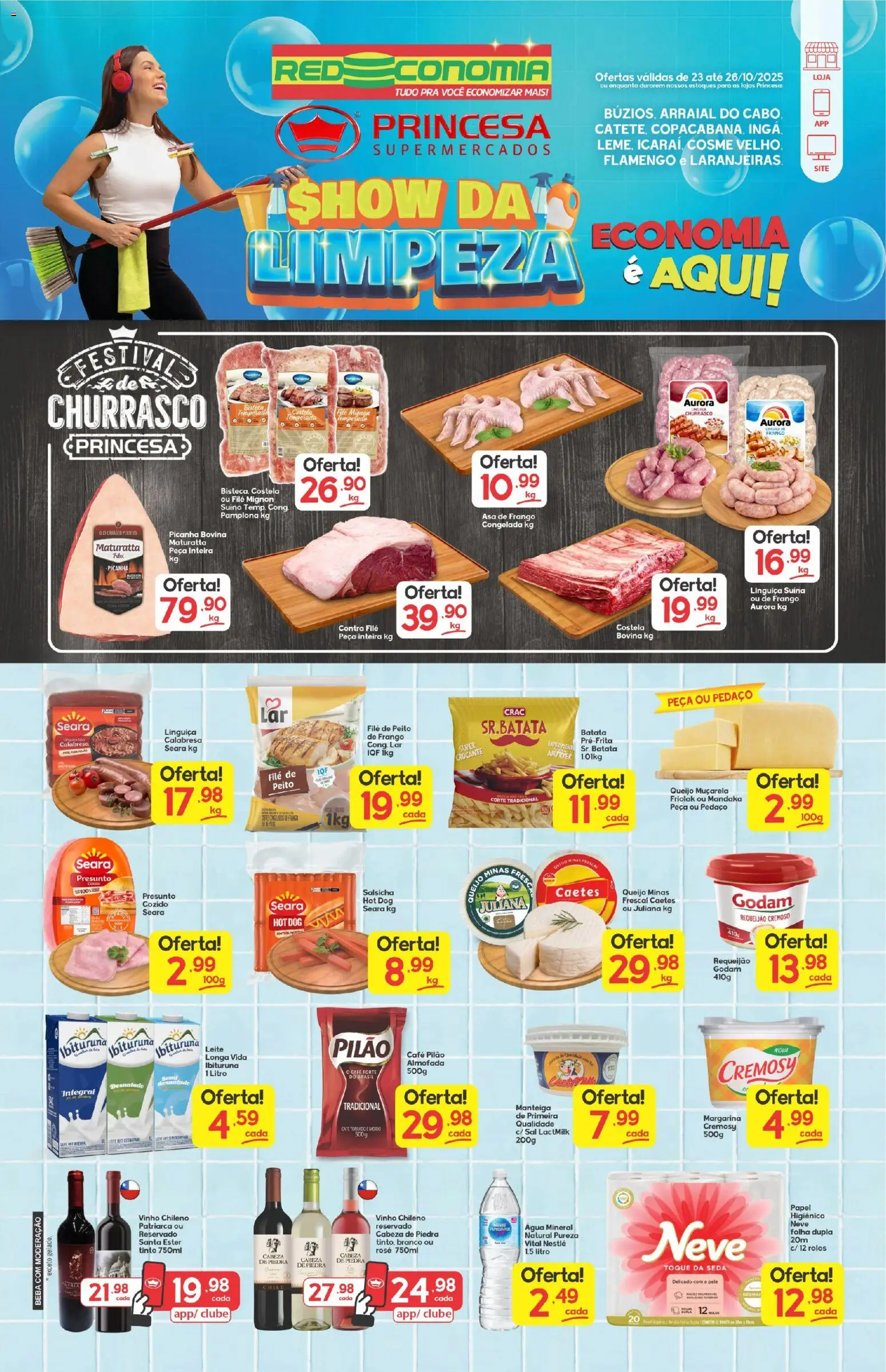 Princesa folheto "Encarte Show da Limpeza" válido a partir de 23/10/2025 - número de página 1 - Picanha, Batata, Manteiga, Peito de frango, Linguiça, Água mineral, Muçarela, Asa de frango