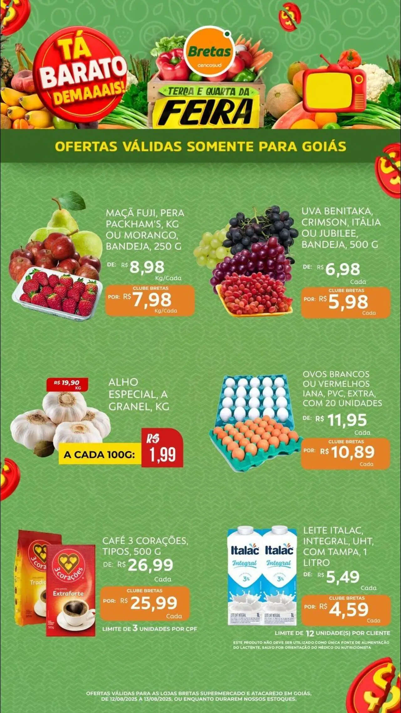 Bretas folheto "Ofertas Feira" válido a partir de 12/08/2025 - número de página 1 - Café, Uva, Ovos, Leite, Pera, Alho