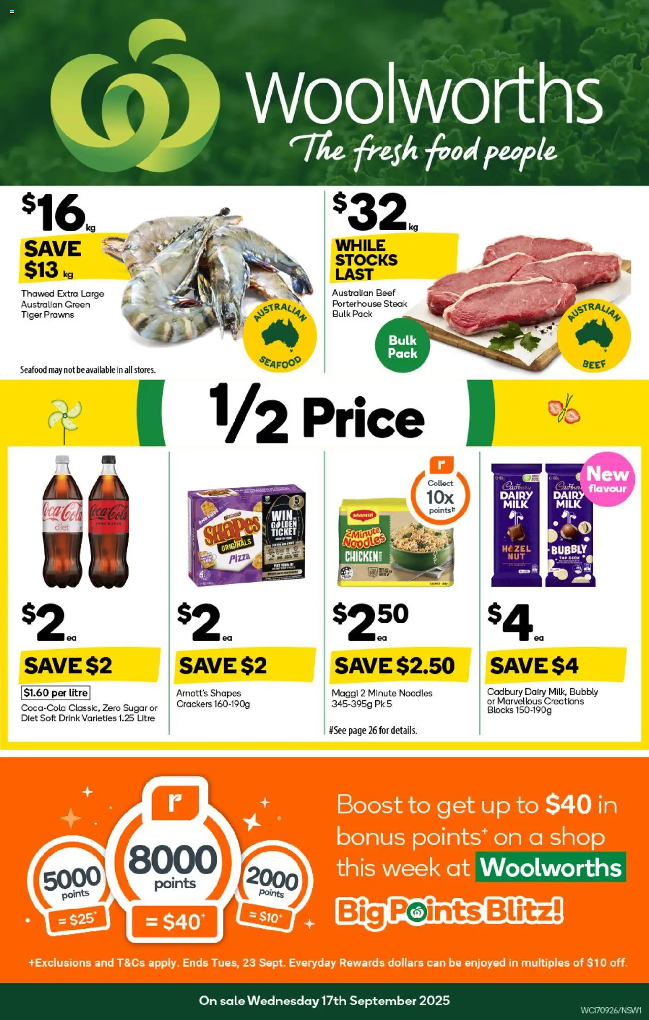 Preview of catalogue Weekly Specials Catalogue NSW from shop Woolworths valid 17/09/2025 - Food, Chicken, Noodles, Beef, Coca Cola, Prawns, Sugar, Seafood