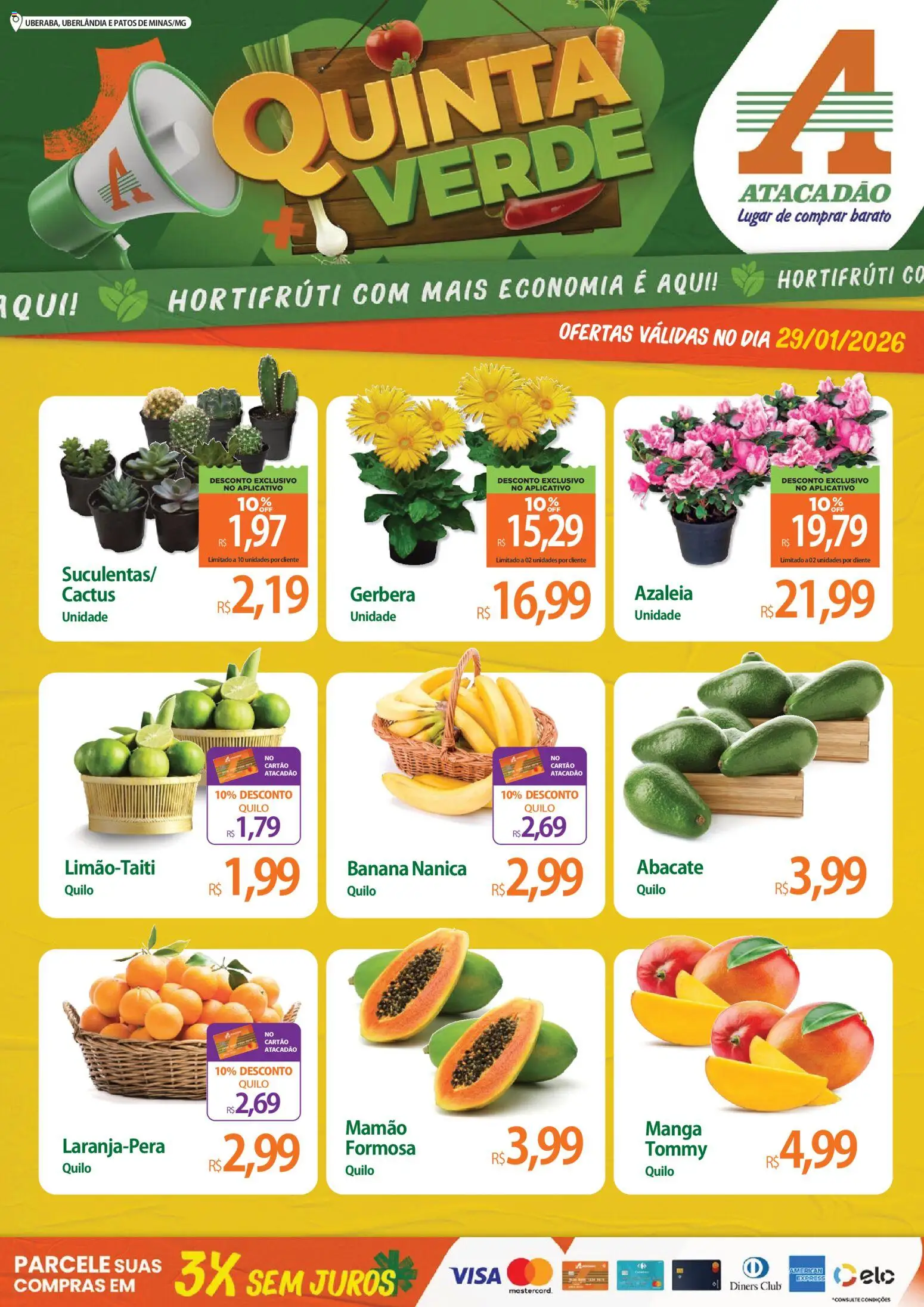 Pré-Visualização do folheto "Ofertas - MG" da loja Atacadão válido a partir de 29/01/2026 - Manga, Abacate, Gerbera, Mamão