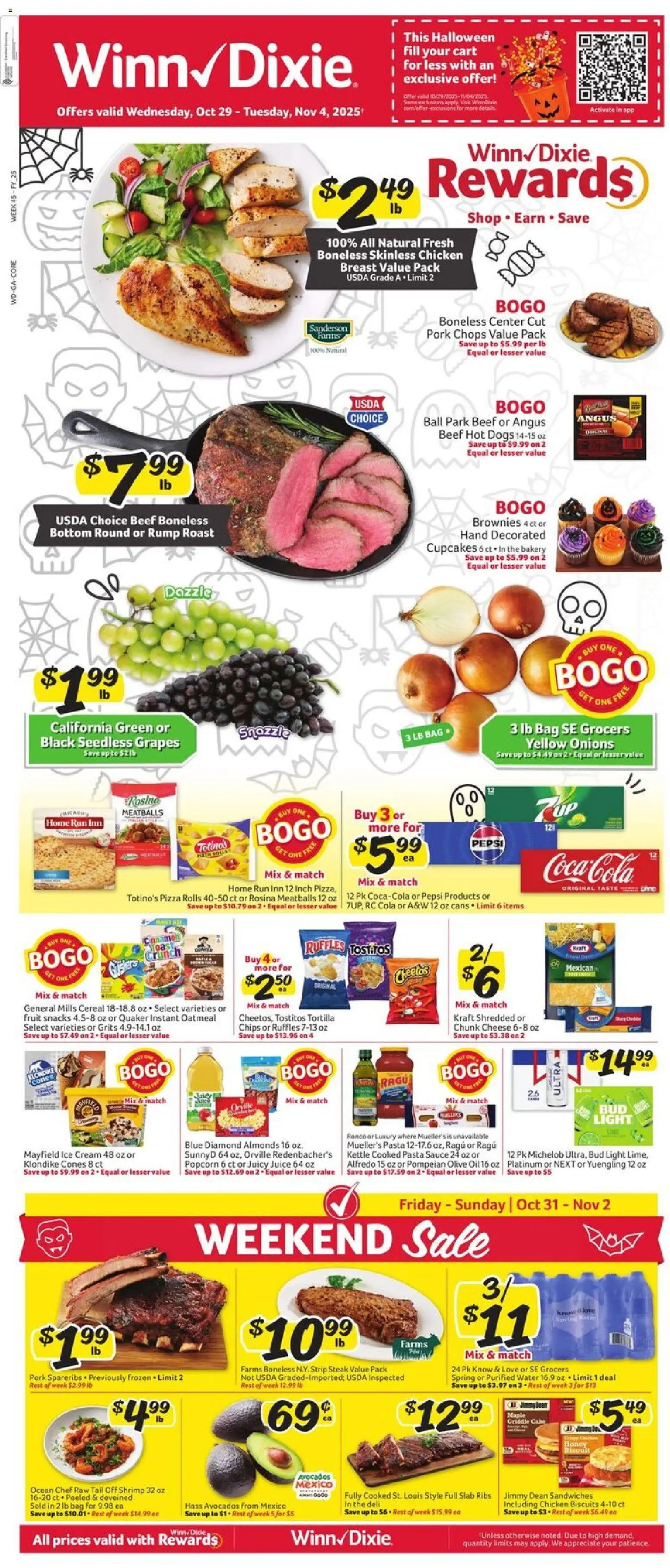Ad Preview of Winn Dixie Weekly Circular - GA from 10/29/2025 - Pasta, Water, Steak, Honey, Juice, Olive oil, Grapes, Griddle