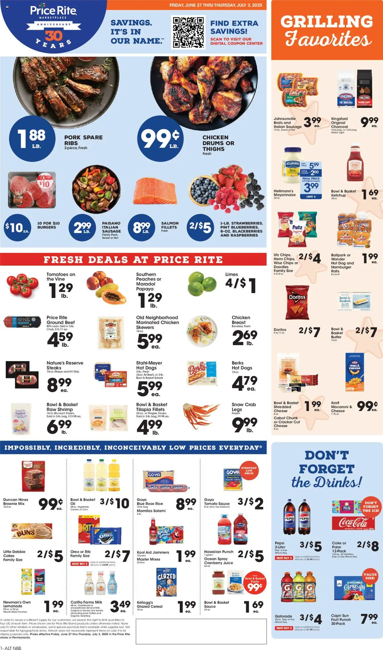 Price Rite Weekly Ad from 06/27/2025 - Flyer - Page number 1 - Pasta, Salmon, Shrimp, Milk, Lemonade, Oreo, Charcoal, Basket