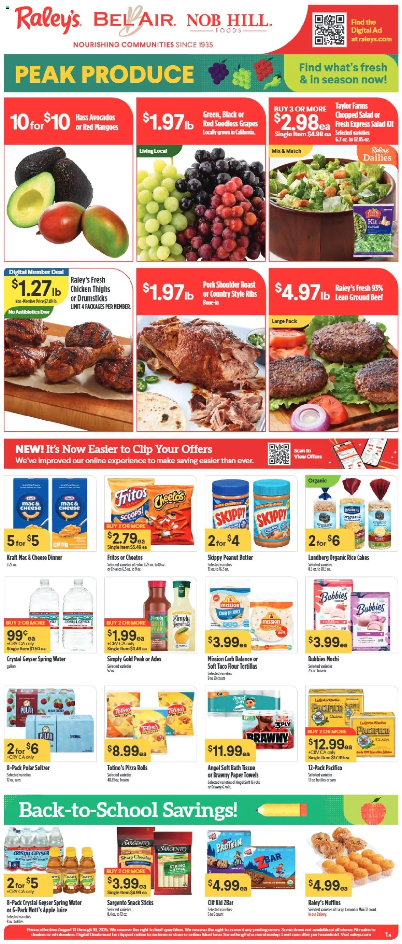 Raley's Weekly Ad from 08/13/2025 - Flyer - Page number 1 - Mochi, Protein, Butter, Grapes, Peanut butter, Bath, Drumsticks, Chicken