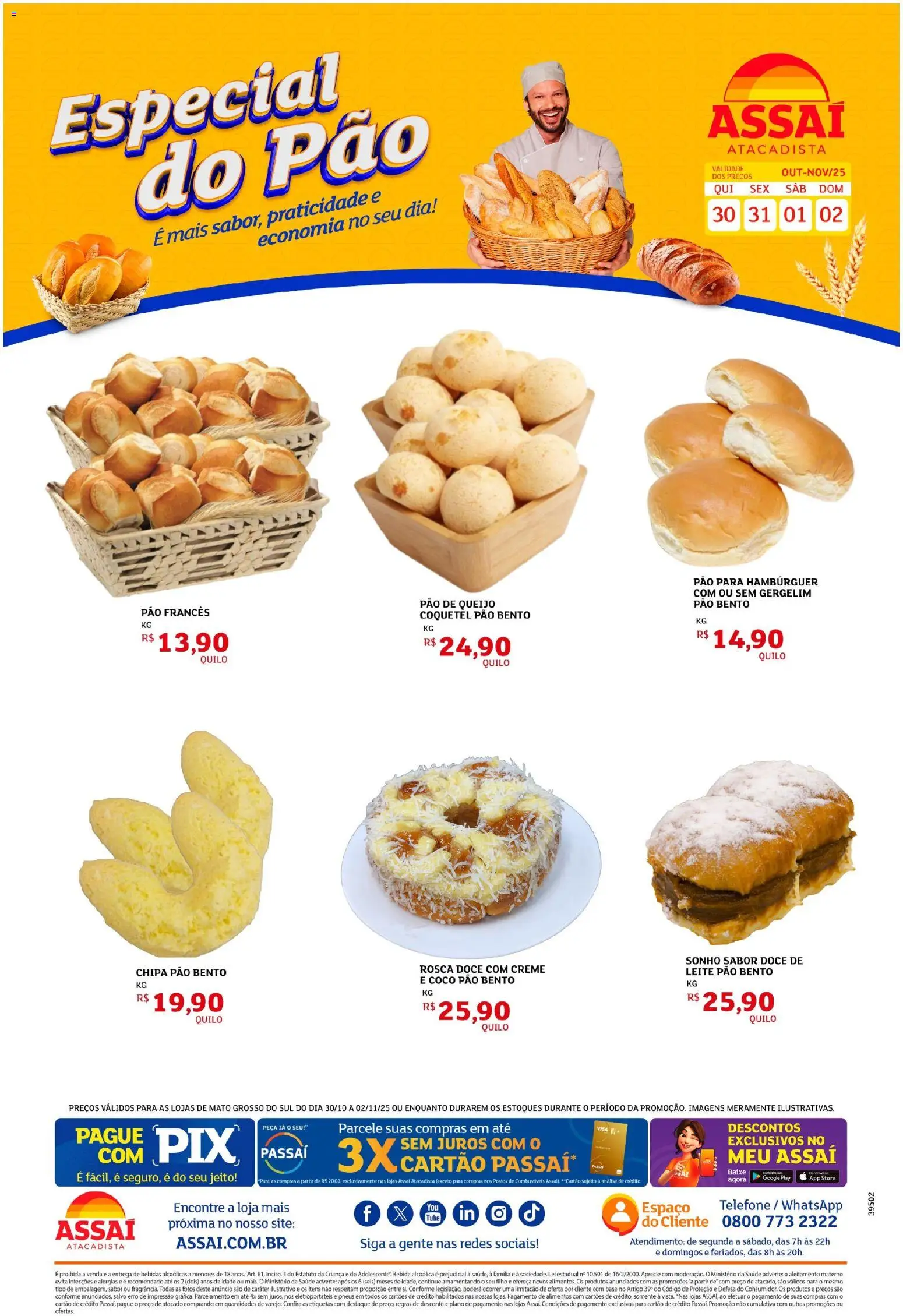 Pré-Visualização do folheto "Encarte - MS" da loja Assaí Atacadista válido a partir de 30/10/2025 - Coco, Telefone, Bebida, Queijo, Doce, Alimentos, Gergelim, Pão francês
