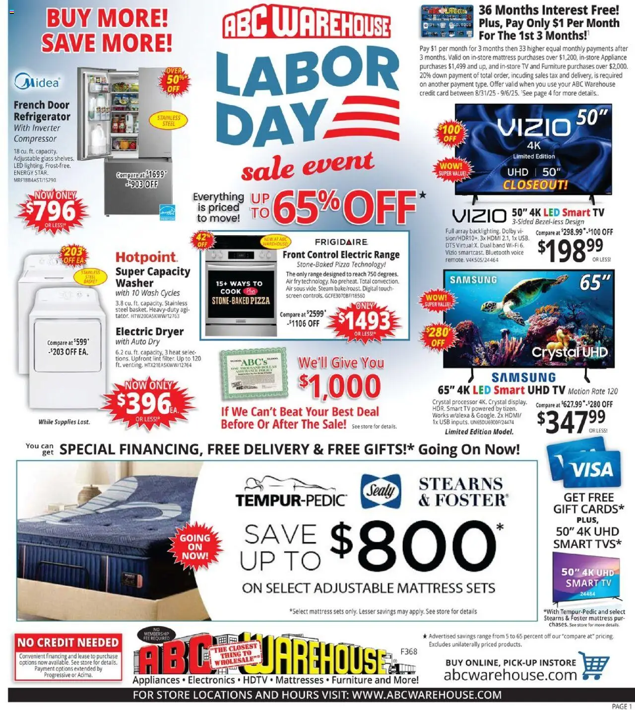 ABC Warehouse Weekly Ad from 08/31/2025 - Flyer - Page number 1