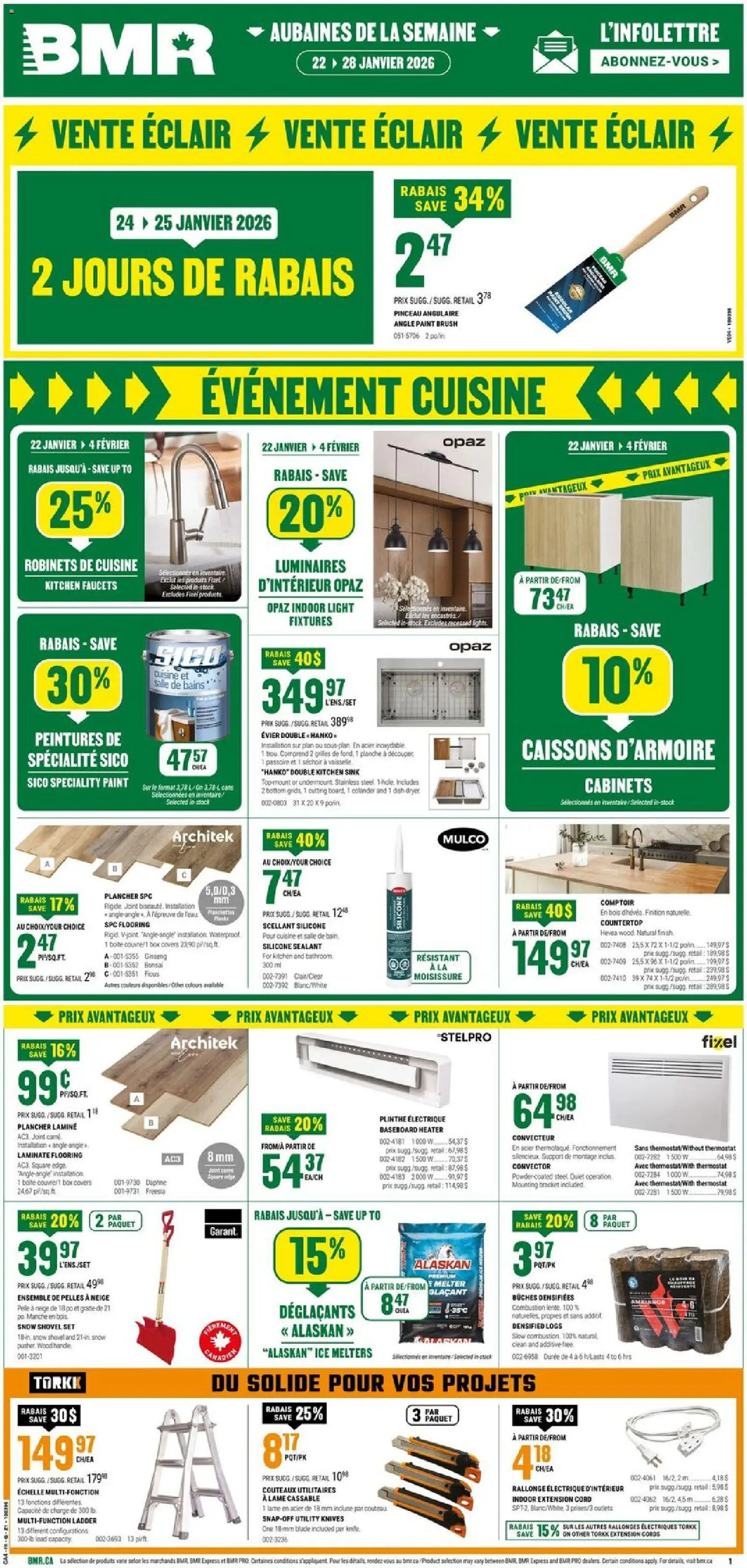 Preview of leaflet Weekly flyer / circulaire from shop BMR is valid from Jan 22, 2026 - Ice, Box, Extension cords, Brush, Knives
