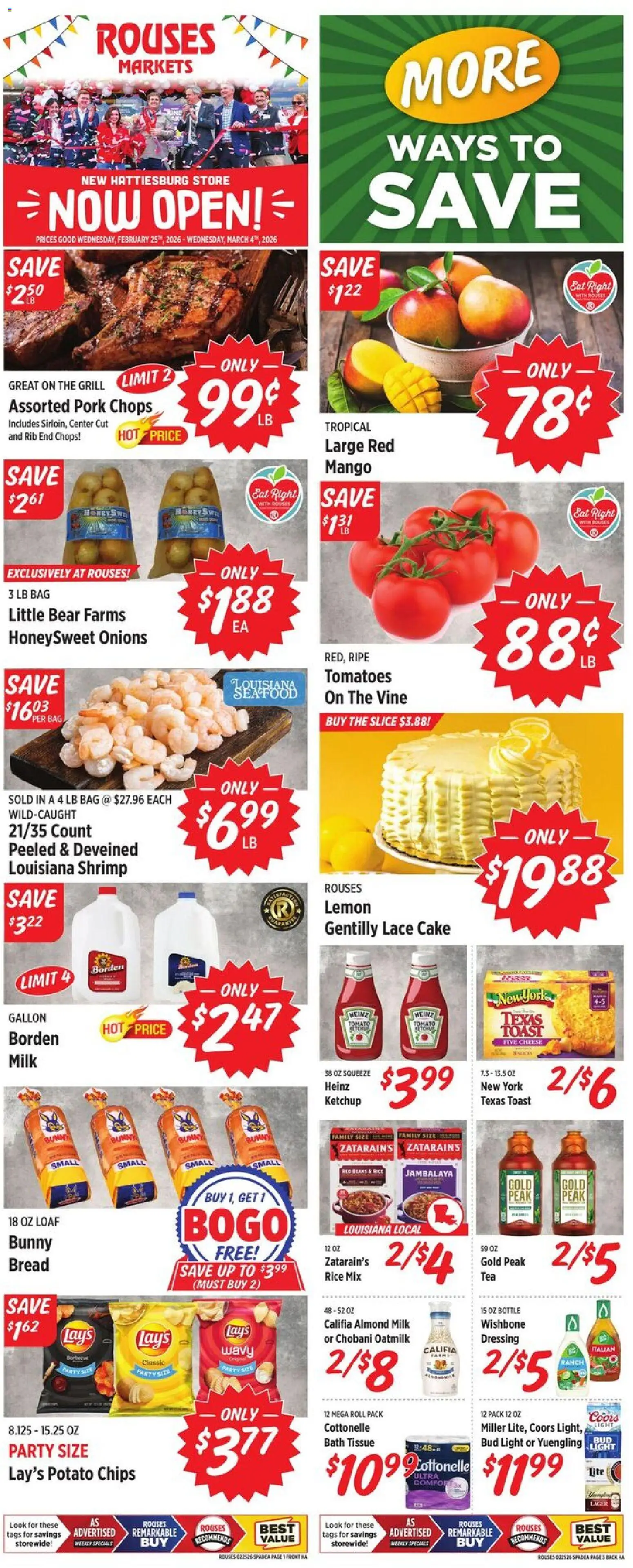 Ad Preview of Rouses Grand Opening from 02/25/2026 - Seafood, Cake, Grill, Bread, Dressing, Milk, Bag, Potato chips