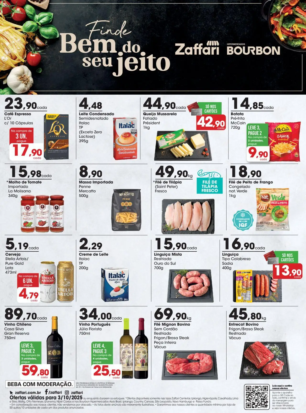 Zaffari folheto "Ofertas Final de Semana - RS" válido a partir de 03/10/2025 - número de página 1 - Cerveja, Leite condensado, Bebidas, Mussarela, Bourbon, Creme, Peito de frango, Molho de tomate