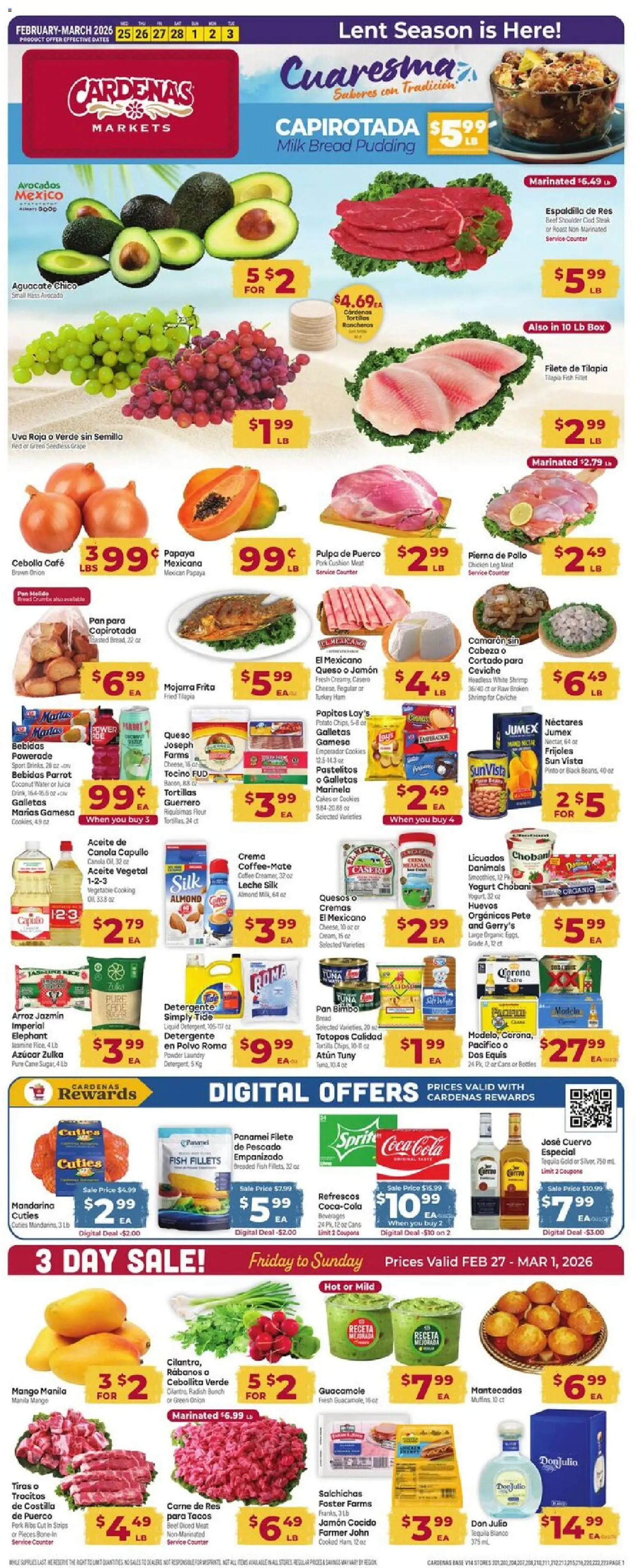 Ad Preview of Cardenas Weekly Ad from 02/25/2026 - Cookies, Turkey, Water, Milk, Coconut, Onion, Cushion, Chicken