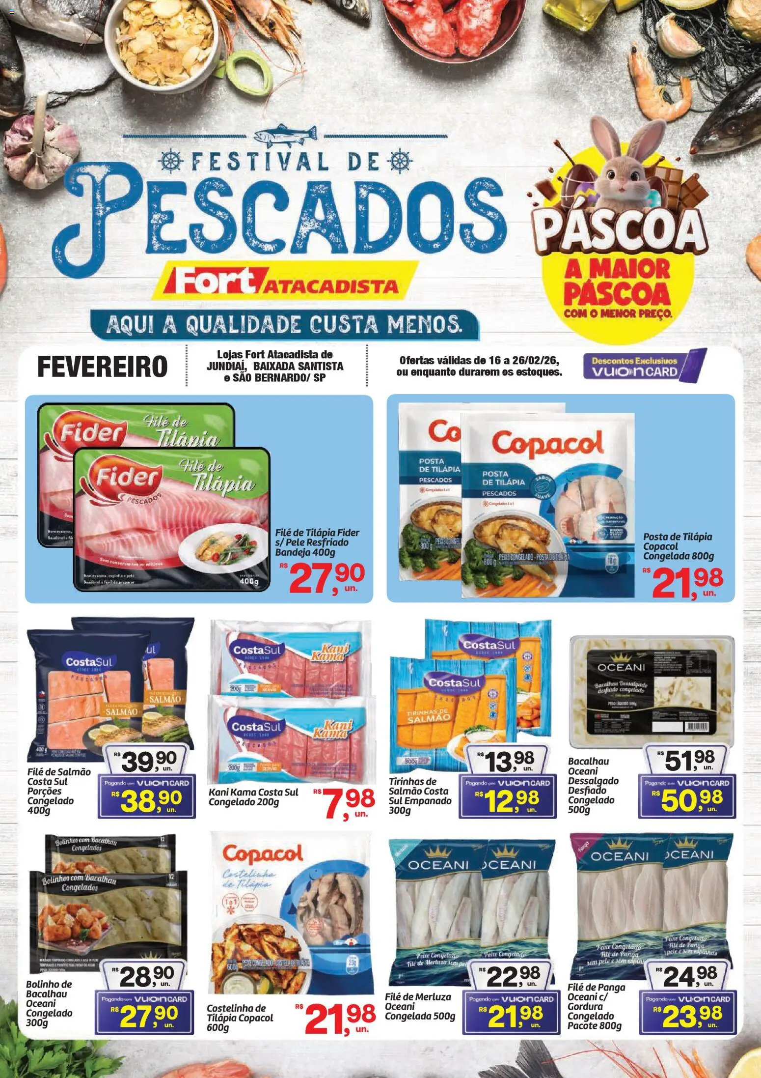 Pré-Visualização do folheto "Ofertas Festival de Pescados" da loja Fort Atacadista válido a partir de 16/02/2026 - Peixe, Bacalhau, Salmão, Bandeja, Filé de tilápia, Tilápia, Filé de salmão