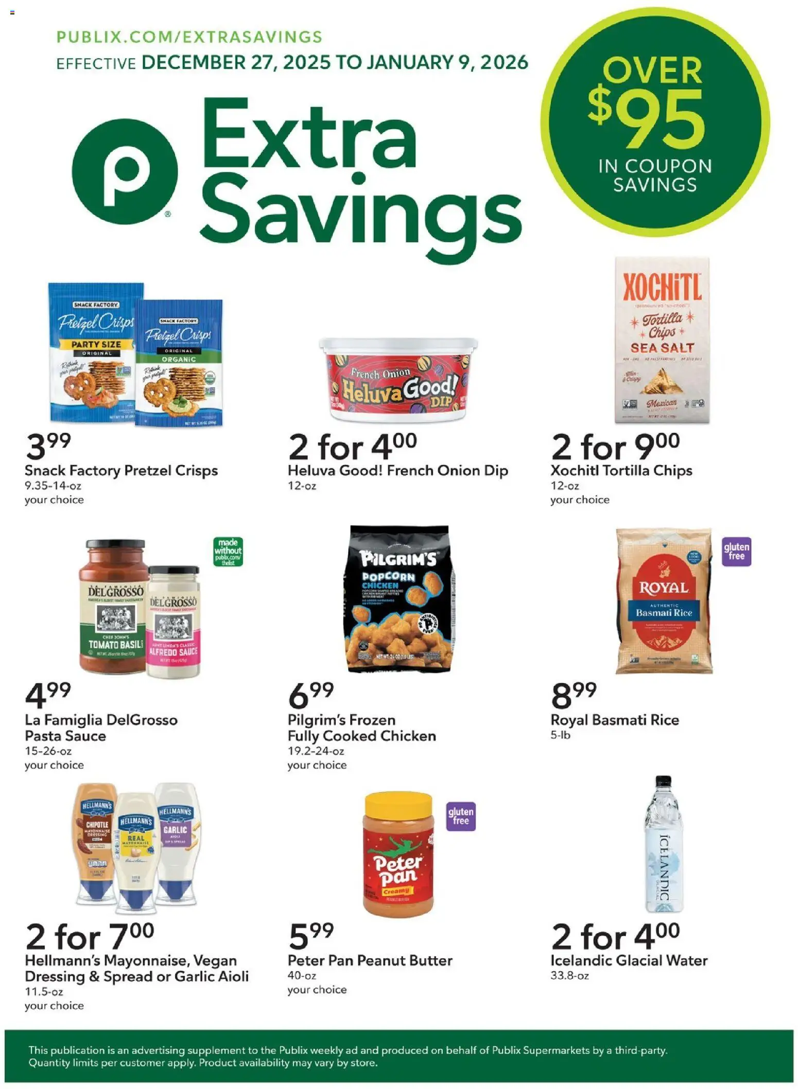Ad Preview of Publix Extra Savings from 12/27/2025 - Water, Popcorn, Salt, Basmati rice, Mayonnaise, Garlic, Sauce, Spread