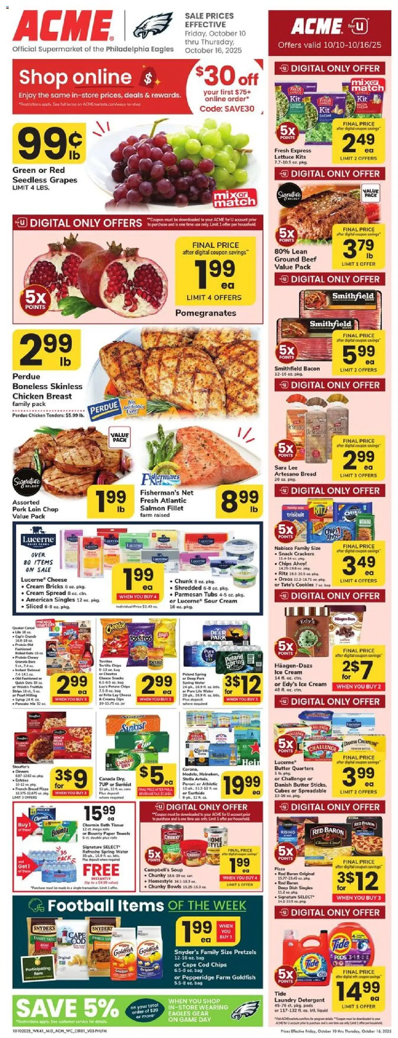 Acme Weekly Ad from 10/10/2025 - Circular, Flyer - Page number 1 - Pizza, Ice, Snacks, Chips, Salmon, Cream, Paper towels, Pork loin