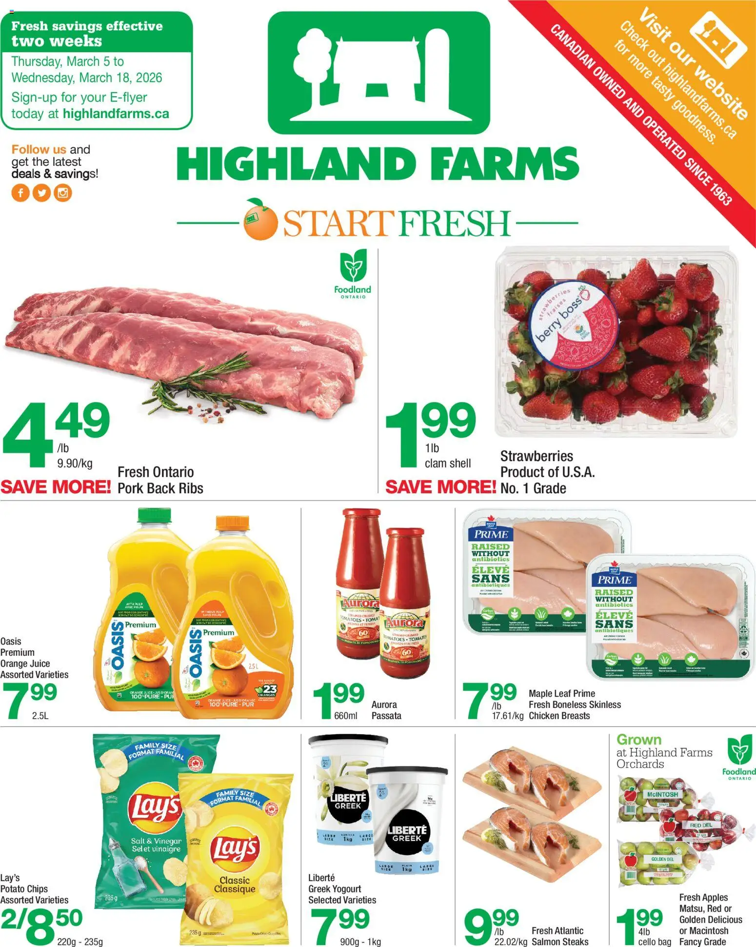Preview of leaflet Highland Farms weekly flyer / circulaire from shop Highland Farms is valid from Mar 05, 2026 - Apples, Oranges, Salmon, Chips, Juice, Bag, Salt, Vinegar