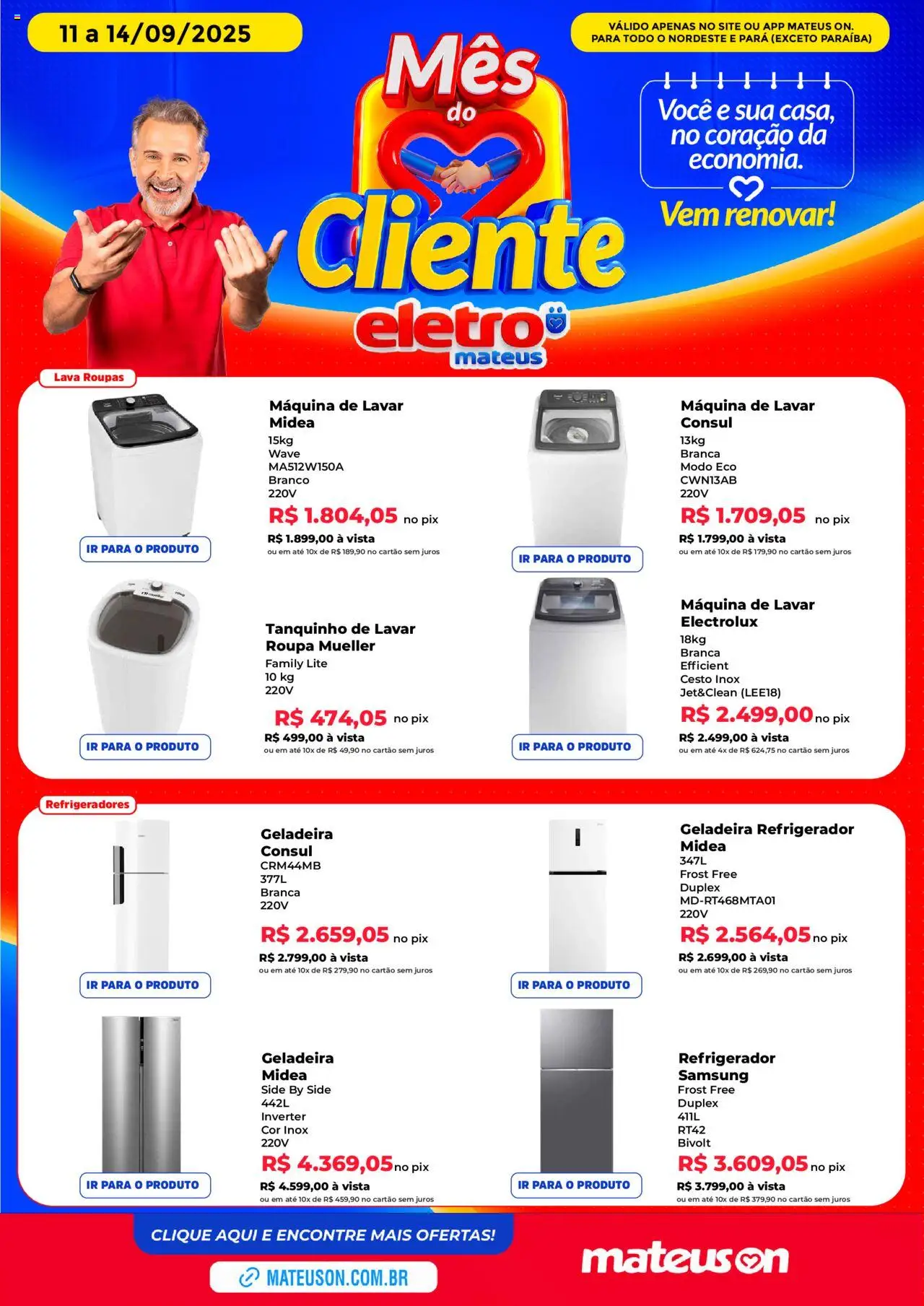 Mateus folheto "Ofertas Eletro" válido a partir de 11/09/2025 - número de página 1 - Geladeira, Máquina de lavar, Roupas, Tanquinho, Refrigerador