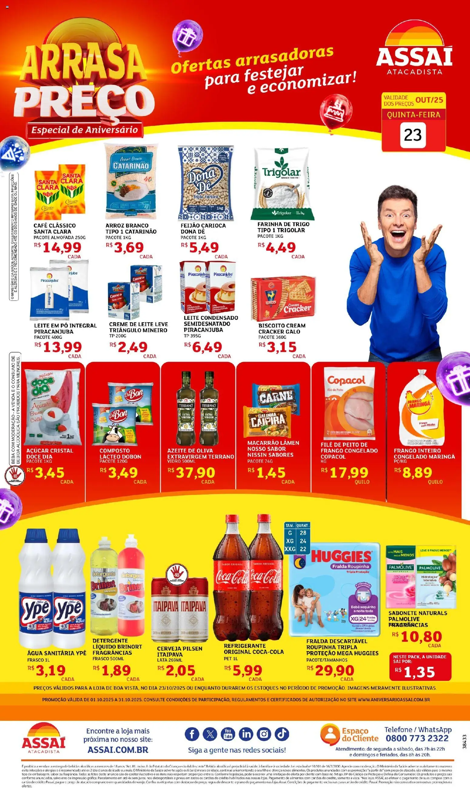 Assaí Atacadista folheto "Encarte - RR" válido a partir de 23/10/2025 - número de página 1 - Telefone, Água, Pneus, Azeite, Refrigerante, Farinha de trigo, Farinha, Moela