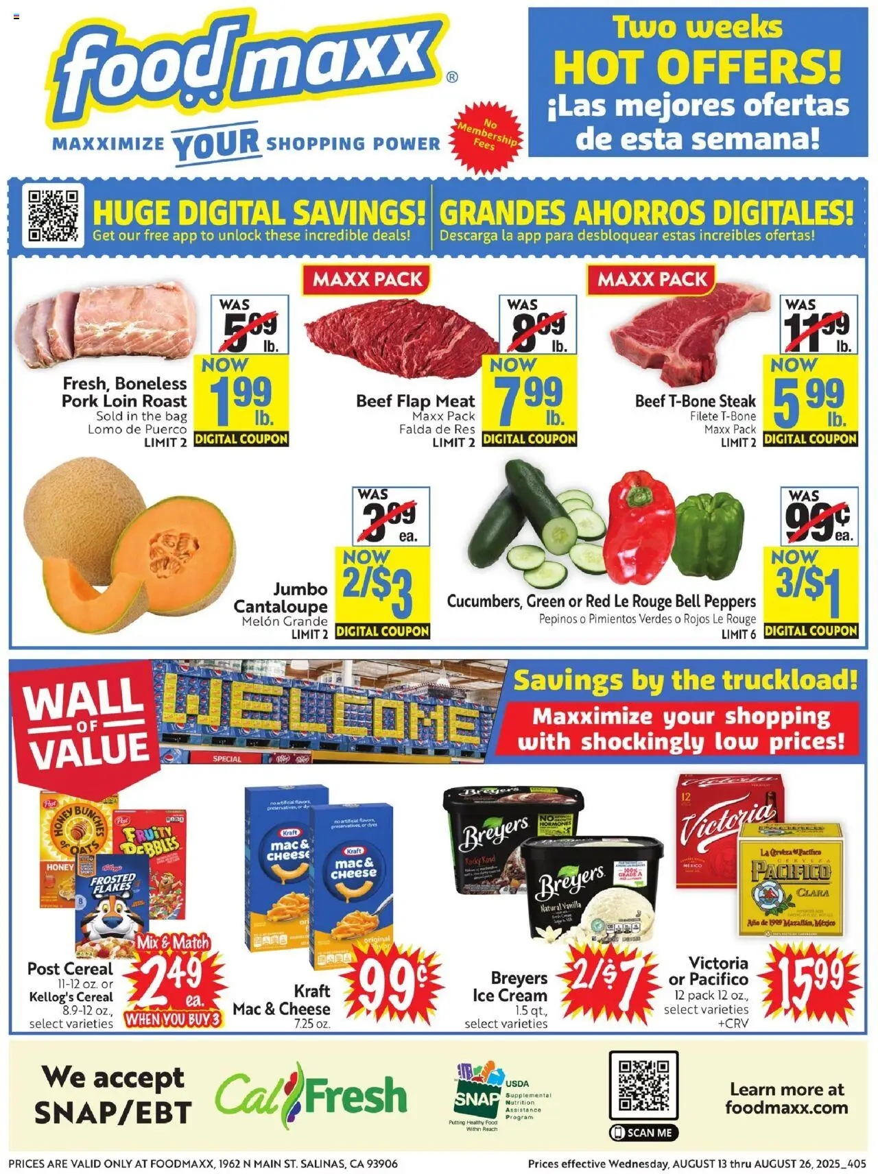 FoodMaxx Flyer - CA from 08/13/2025 - Flyer - Page number 1 - Ice cream, Ice, Steak, Honey, Meat, Pork, Melon, Vanilla