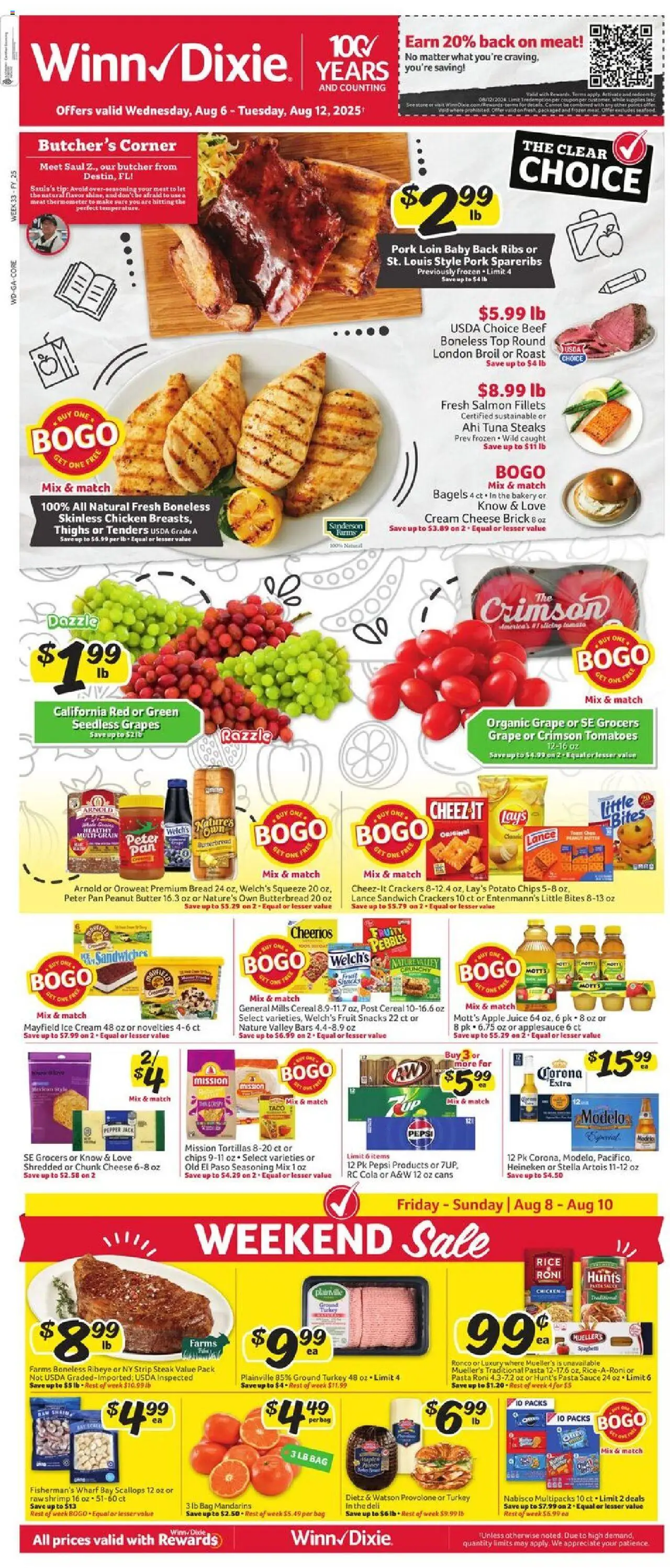 Winn Dixie Weekly Ad from 08/06/2025 - Flyer - Page number 1 - Pasta, Shrimp, Tomatoes, Pepsi, Peanut butter, Cream, Potato chips, Sauce