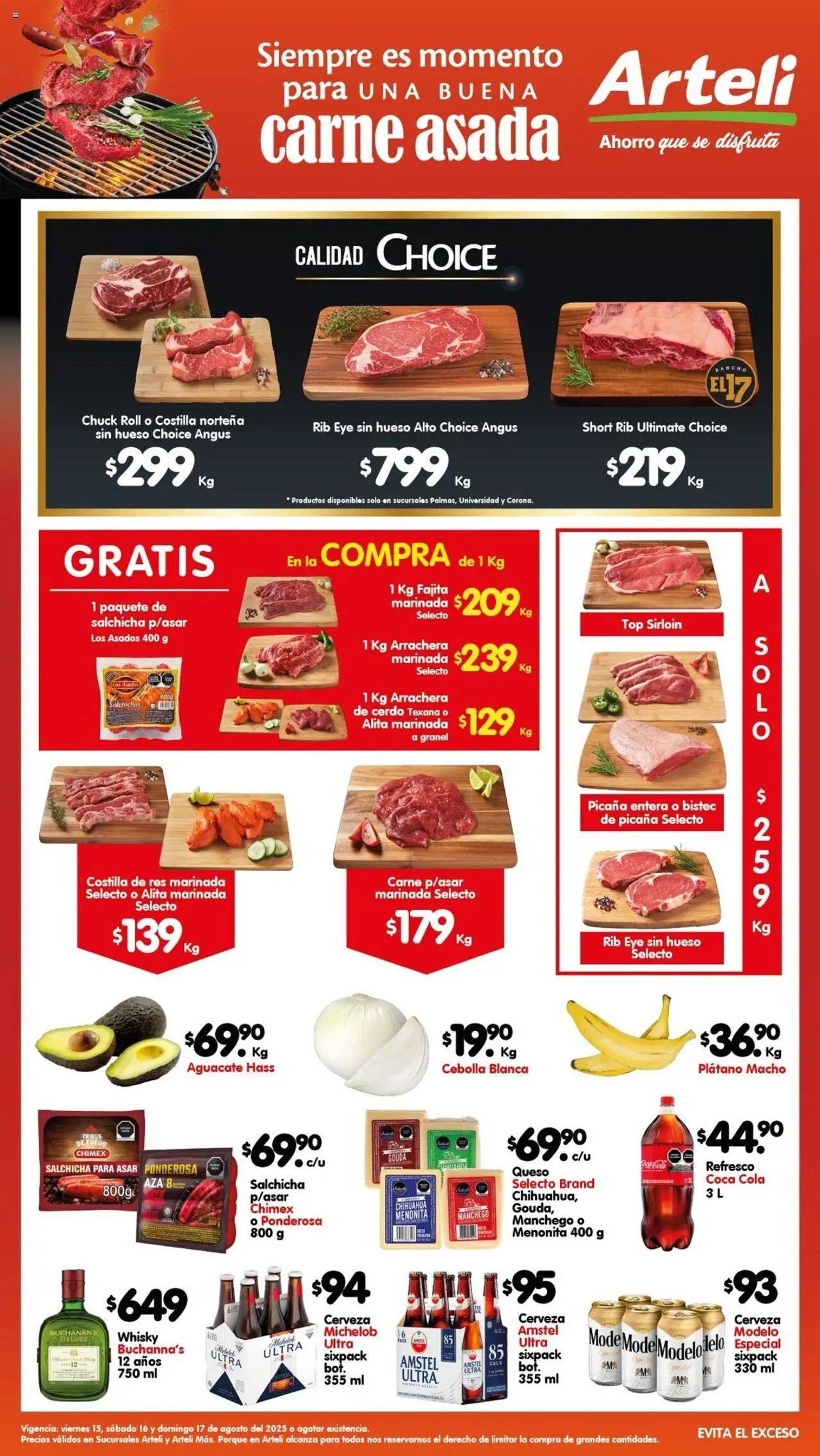 Folleto Arteli Carnes & Cortes Arteli y sus promociones válidas desde el 15/08/2025 - Número de página 1 - Whisky, Cerveza, Plátano, Cebolla, Cerdo, Bistec, Salchicha, Res