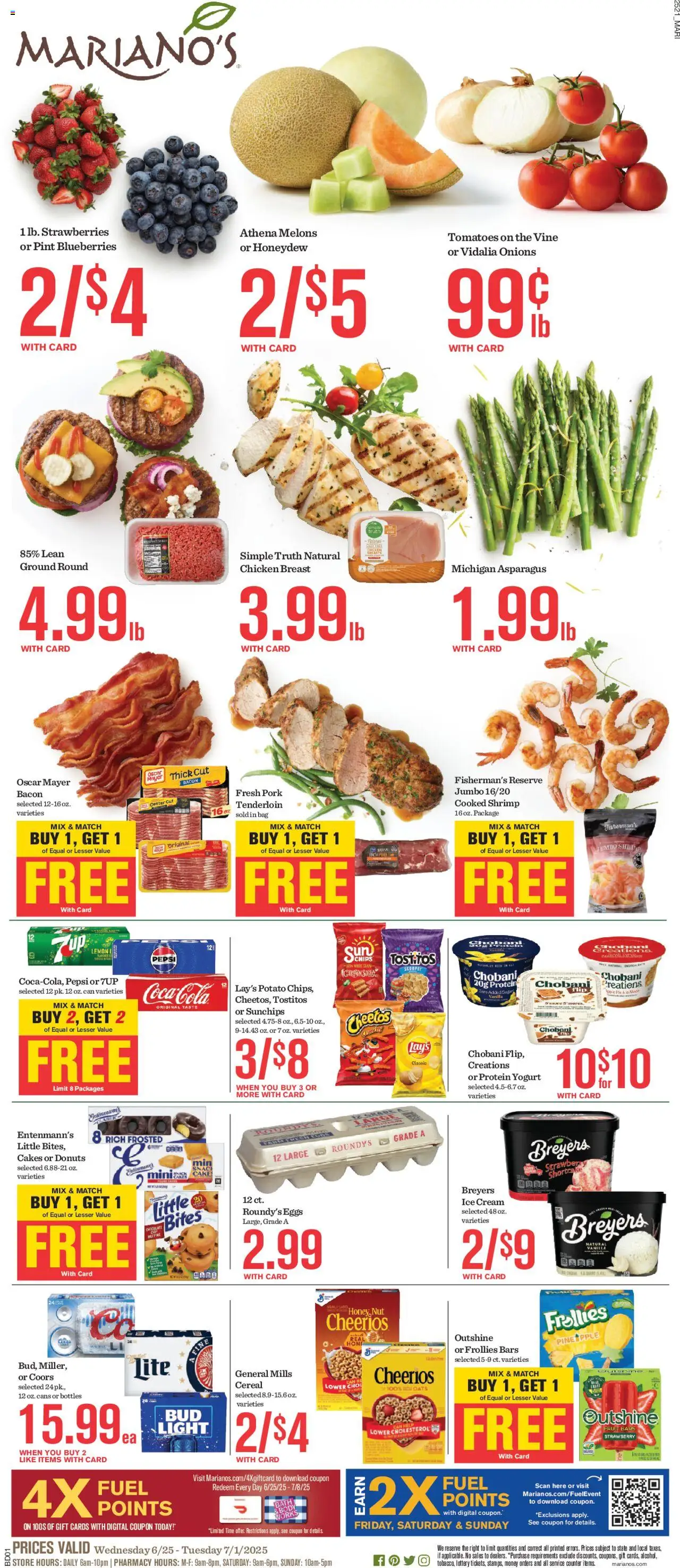 Mariano's Weekly Ad from 06/25/2025 - Flyer - Page number 1 - Eggs, Strawberries, Shrimp, Protein, Asparagus, Pork, Protein yogurt, Chicken